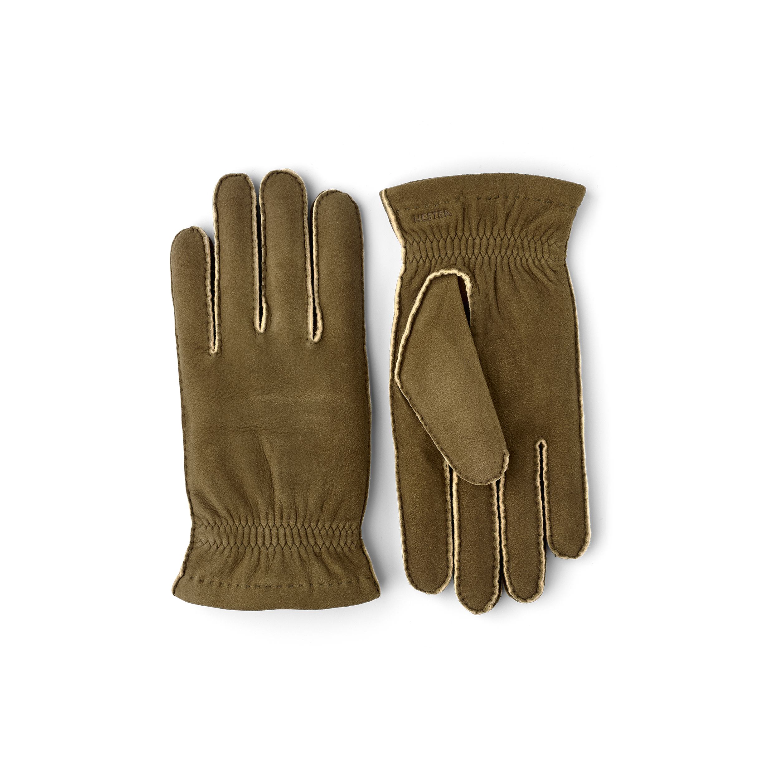 Moss green suede protective glove with elasticated wrist