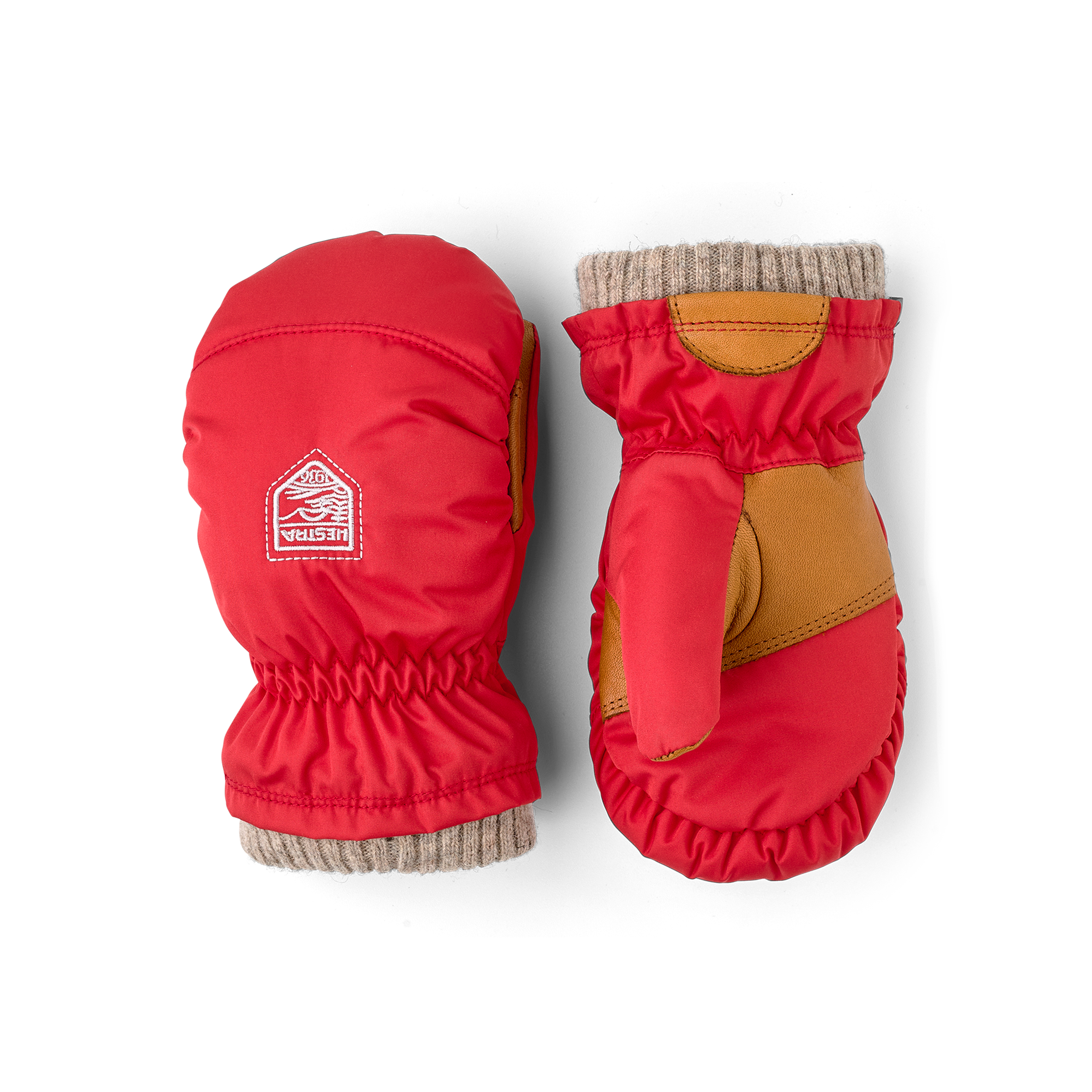Light red fabric mitten with beige cuff and brown hairsheep palm