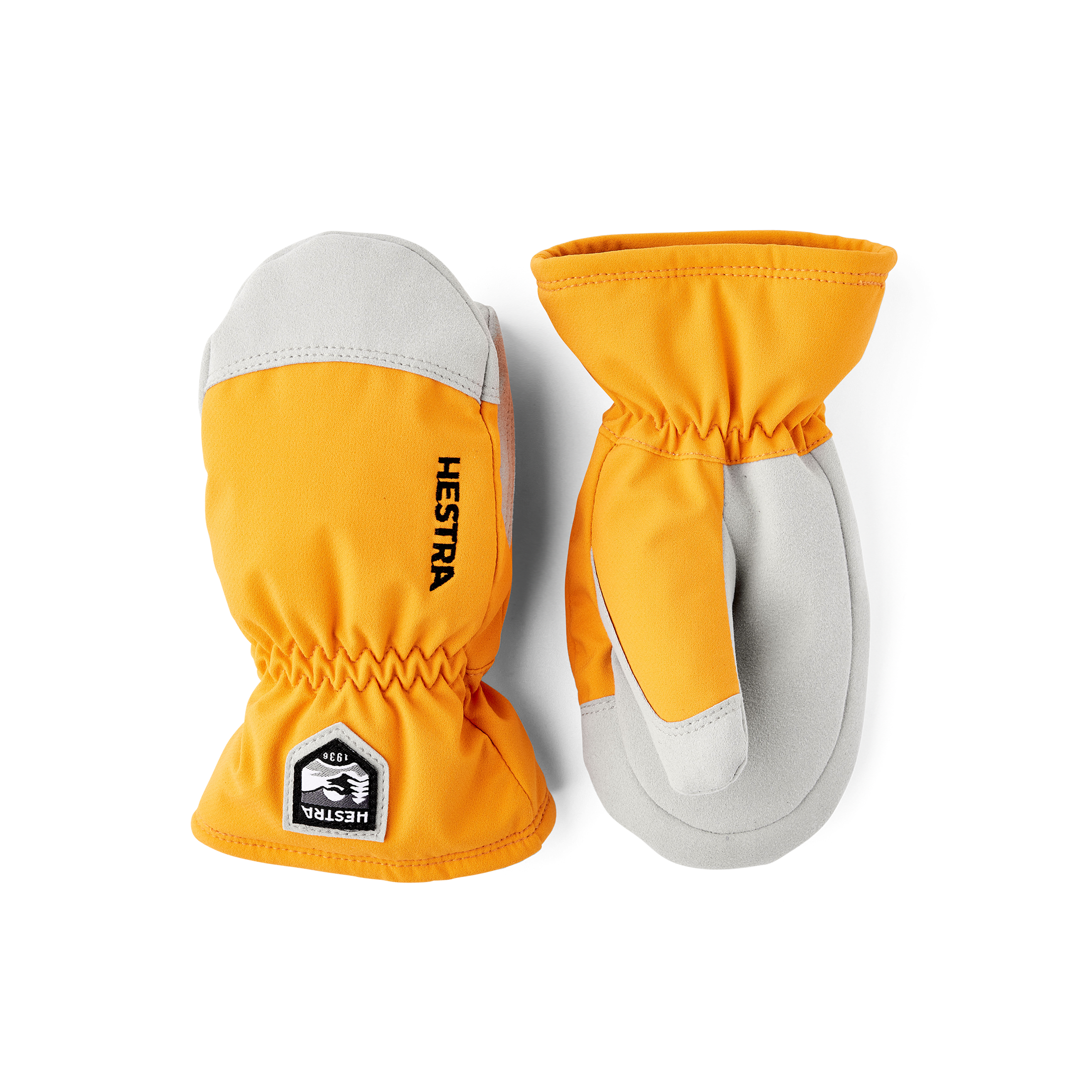 Orange fabric mitten with white synthetic suede palm