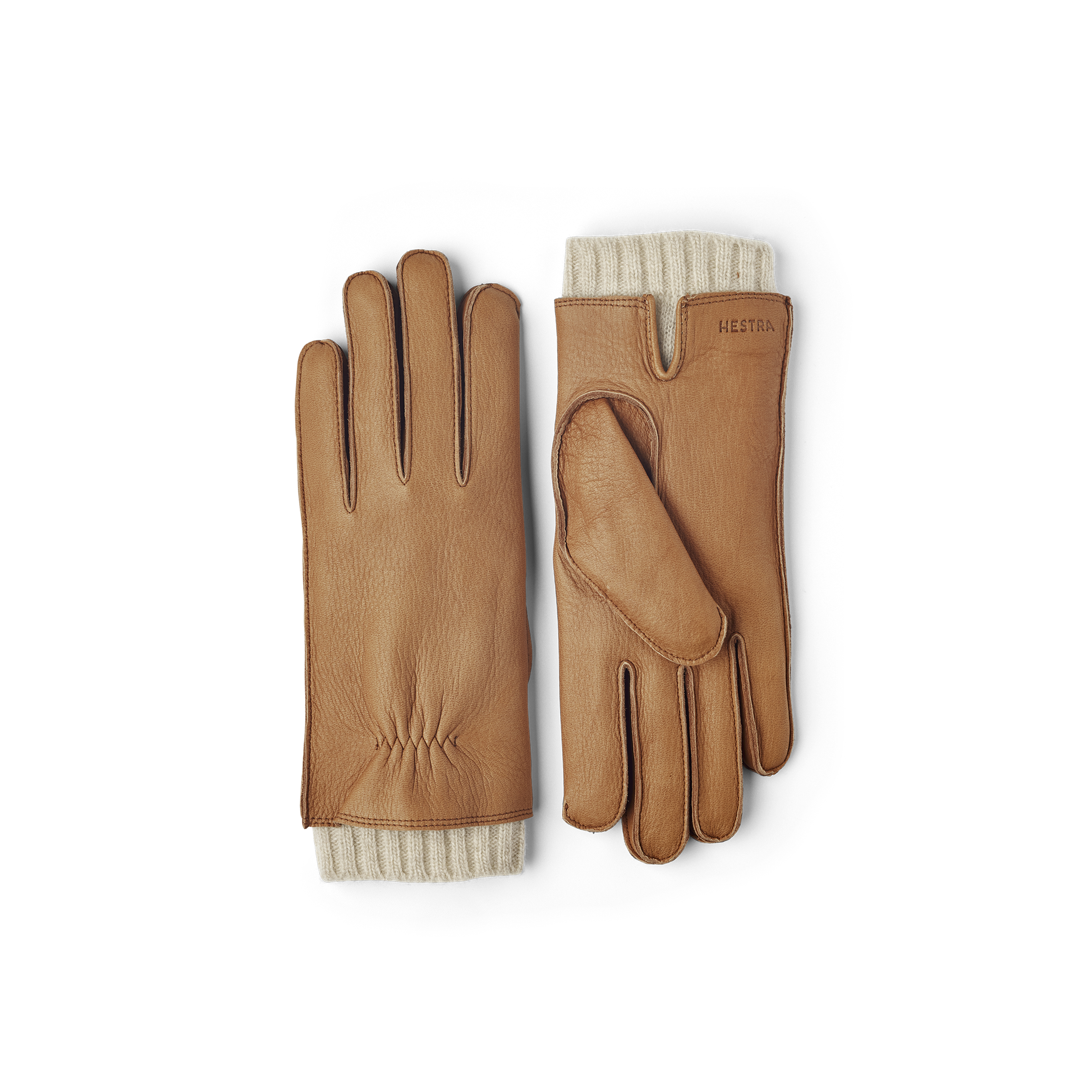 Light brown machine-sewn deerskin glove with light beige extended wool lining