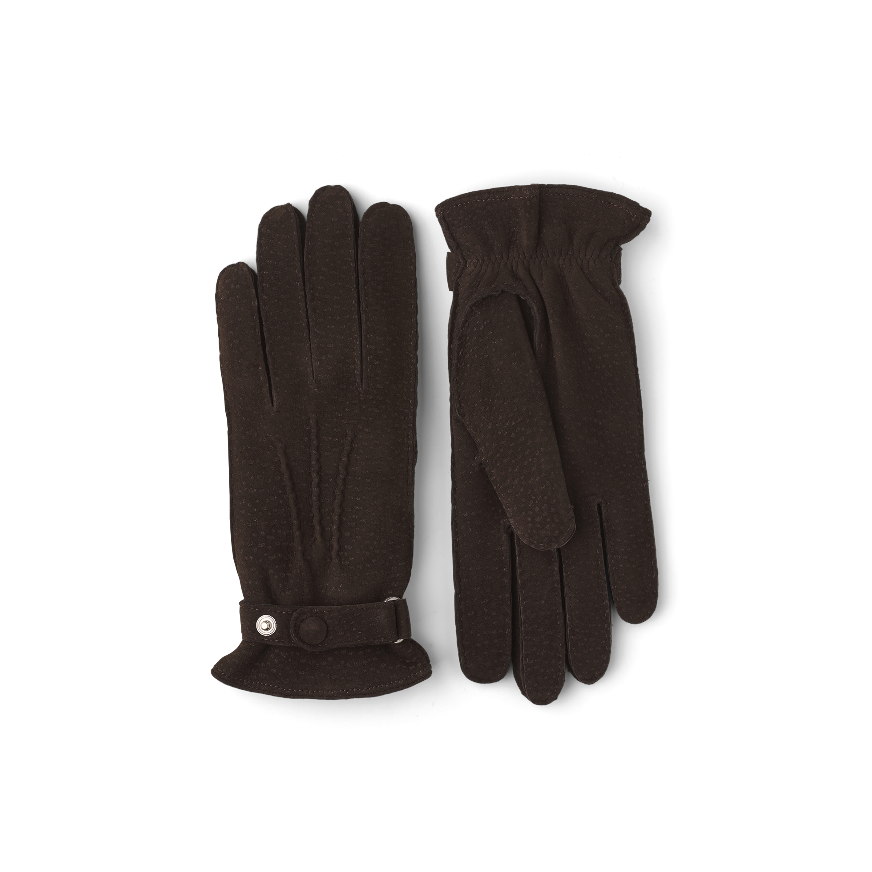 Dark brown hand-sewn glove in carpincho nubuck with leather strap and button