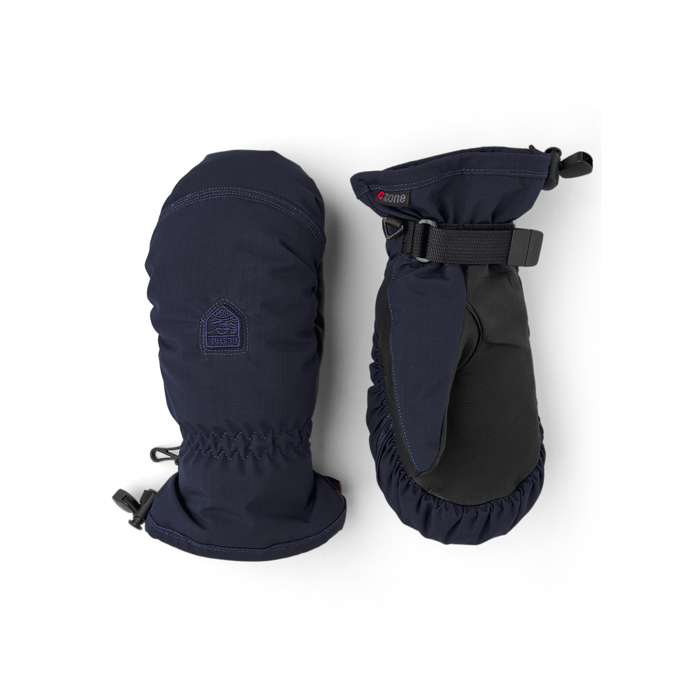 Dark blue fabric mitten with black hairsheep palm and wrist adjustment