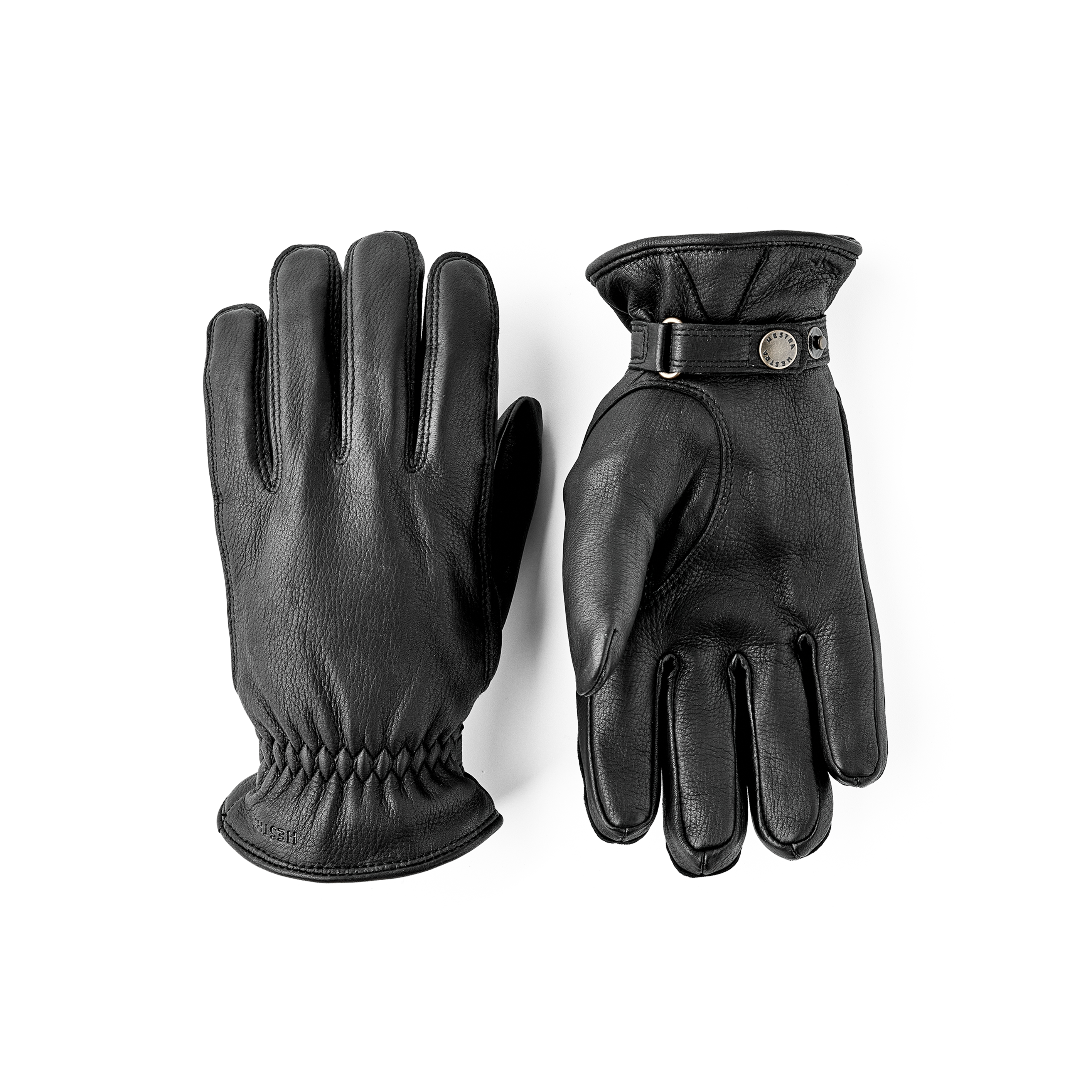 Black machine-sewn hairsheep leather glove with leather strap and button