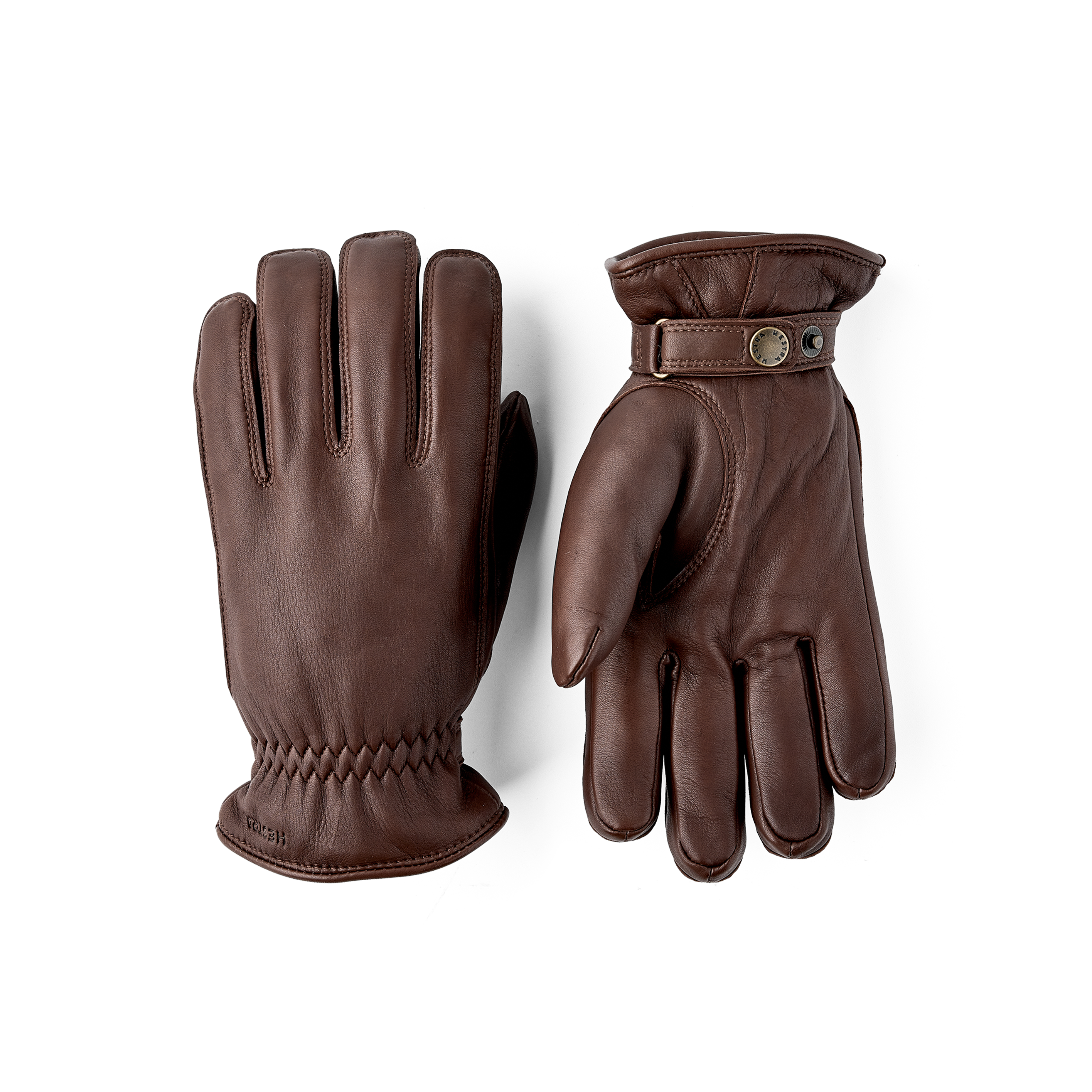 Brown machine-sewn hairsheep leather glove with leather strap and button