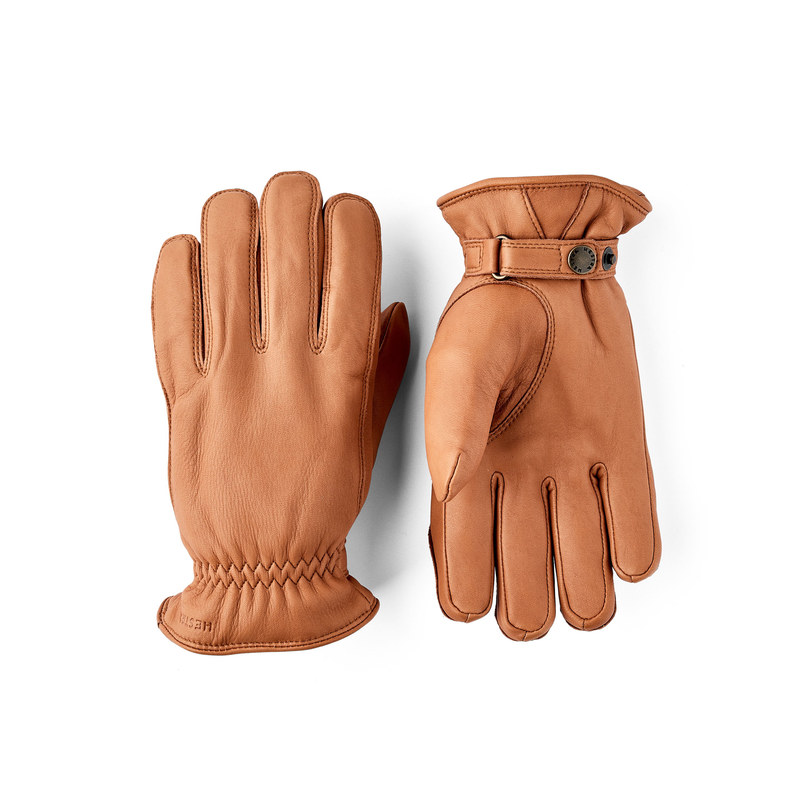 Light brown machine-sewn hairsheep leather glove with leather strap and button