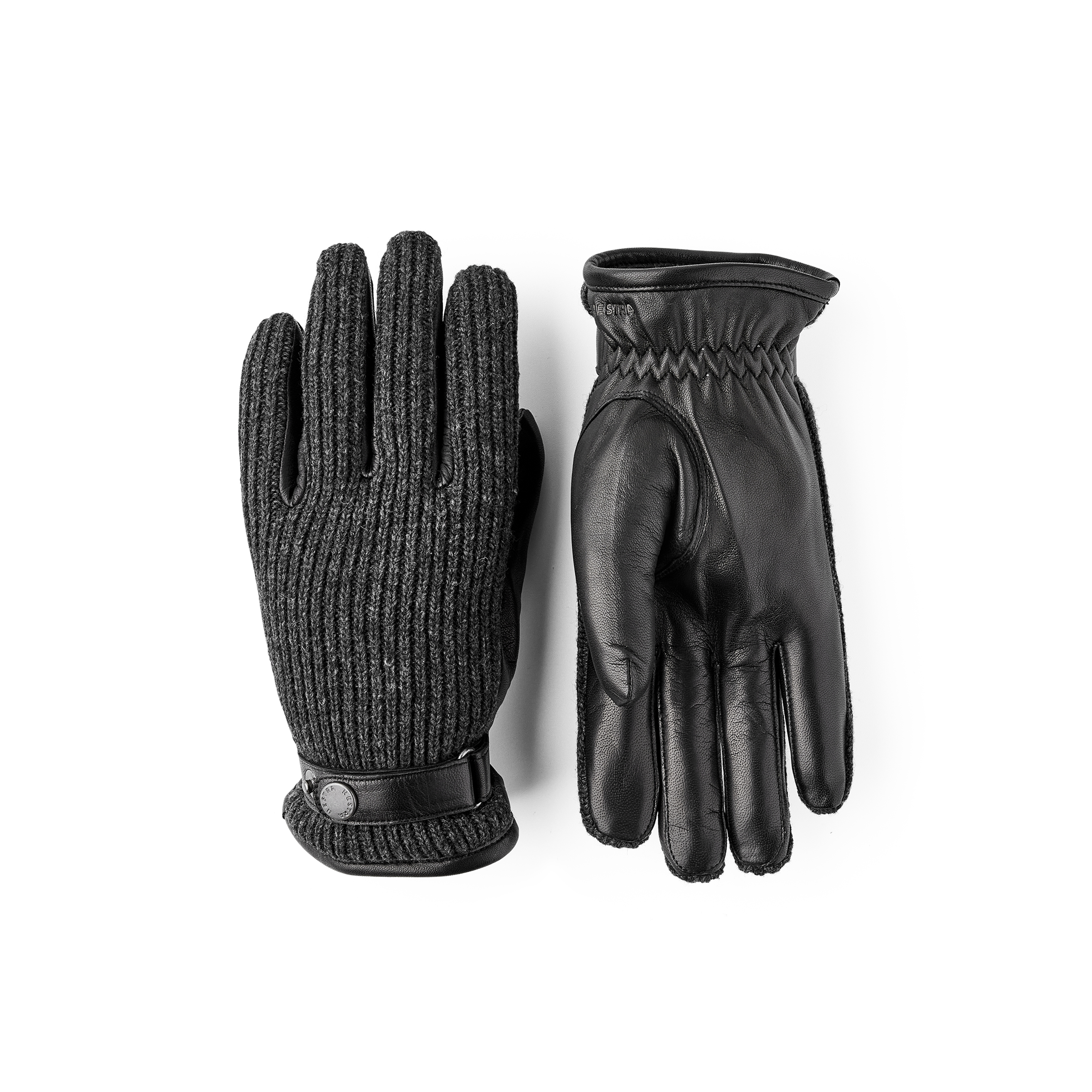 Black machine-sewn hairsheep leather glove with black ribbed wool back