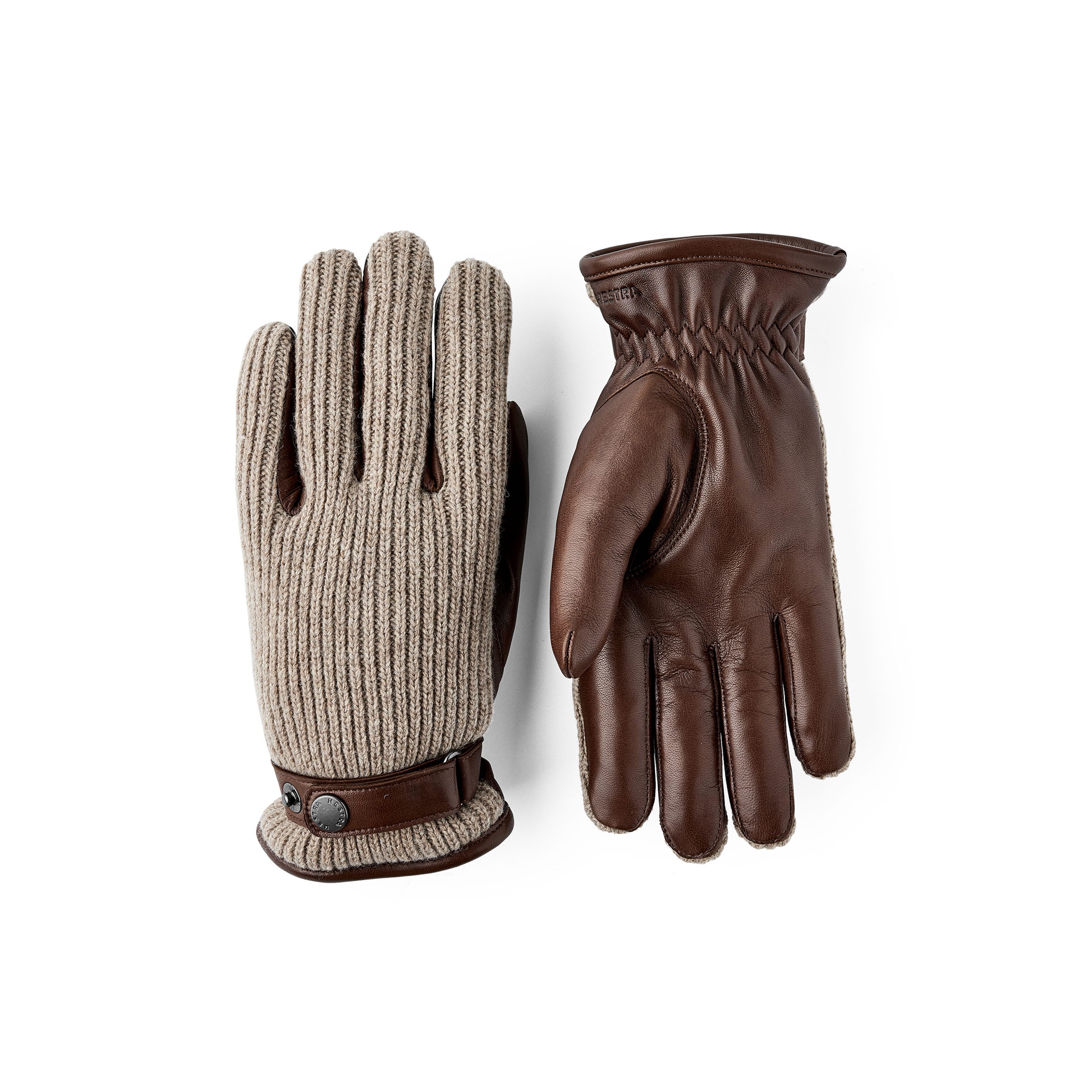 Light brown machine-sewn hairsheep leather glove with beige ribbed wool back
