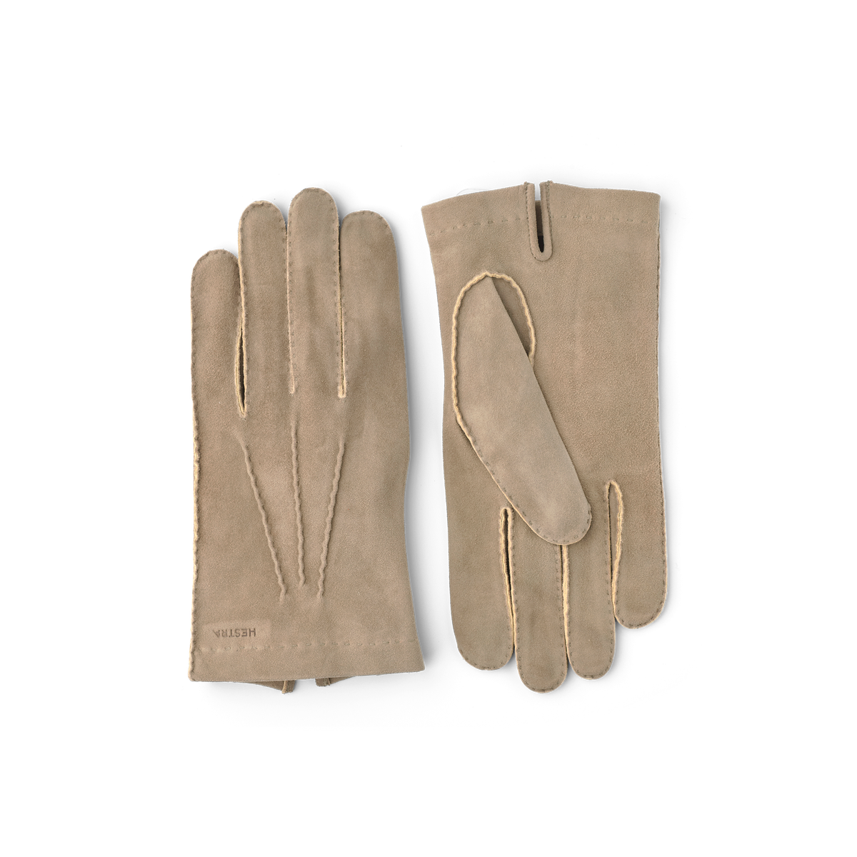 Light gray hand-sewn suede glove