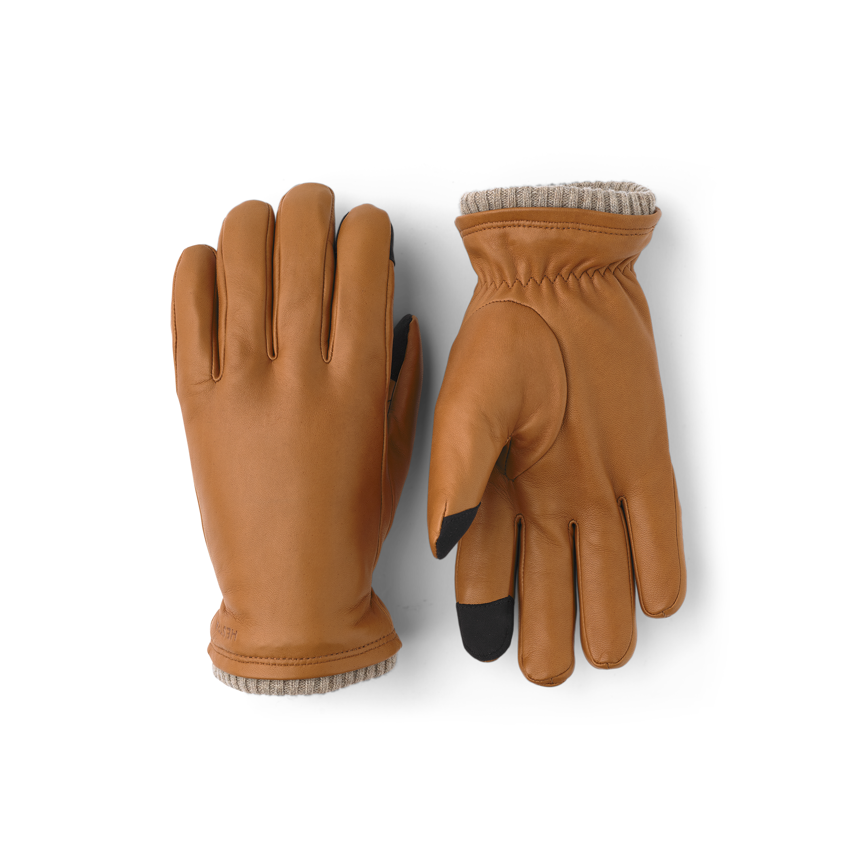 Light brownish-yellow machine-sewn hairsheep leather glove with knitted cuff