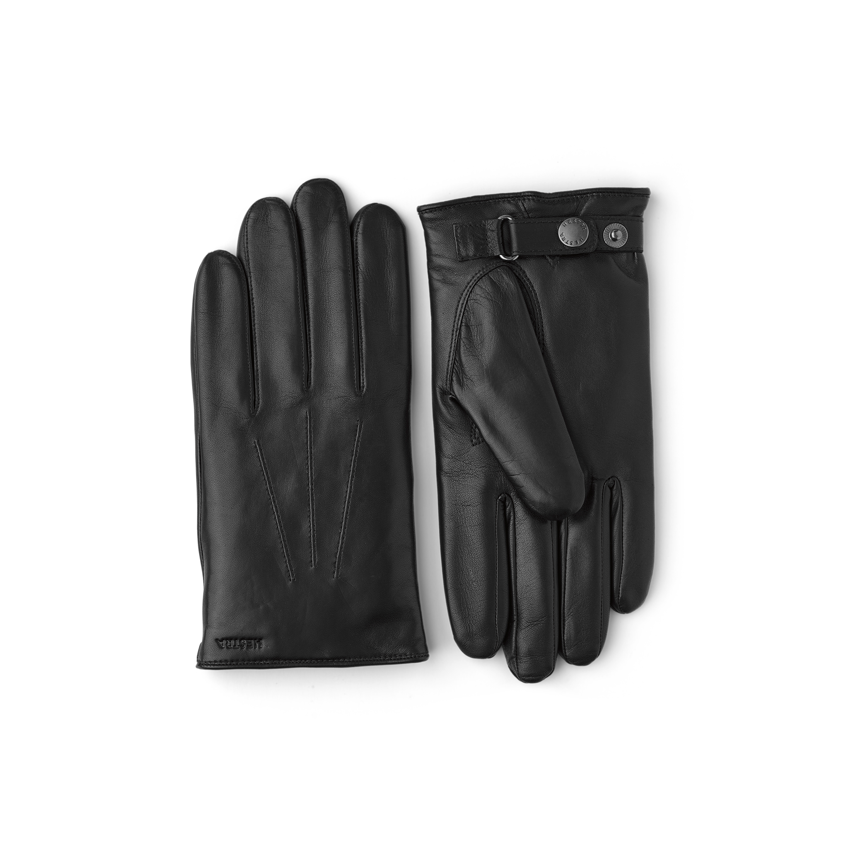 Black machine-sewn hairsheep leather glove with leather strap and button