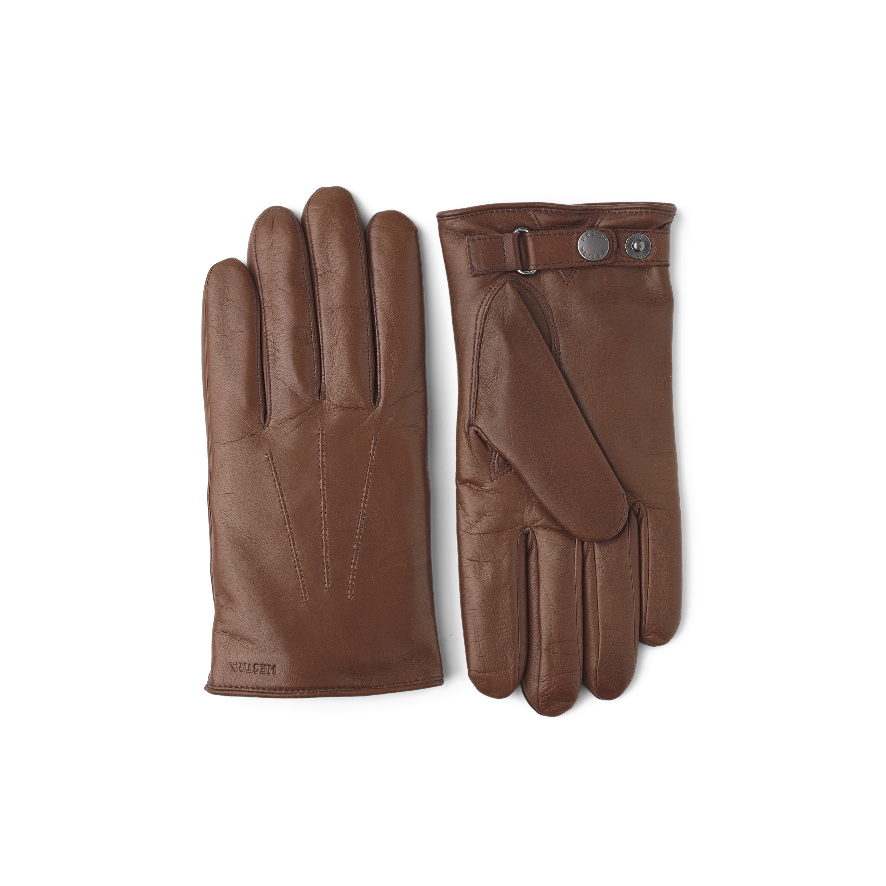 Brown machine-sewn hairsheep leather glove with leather strap and button