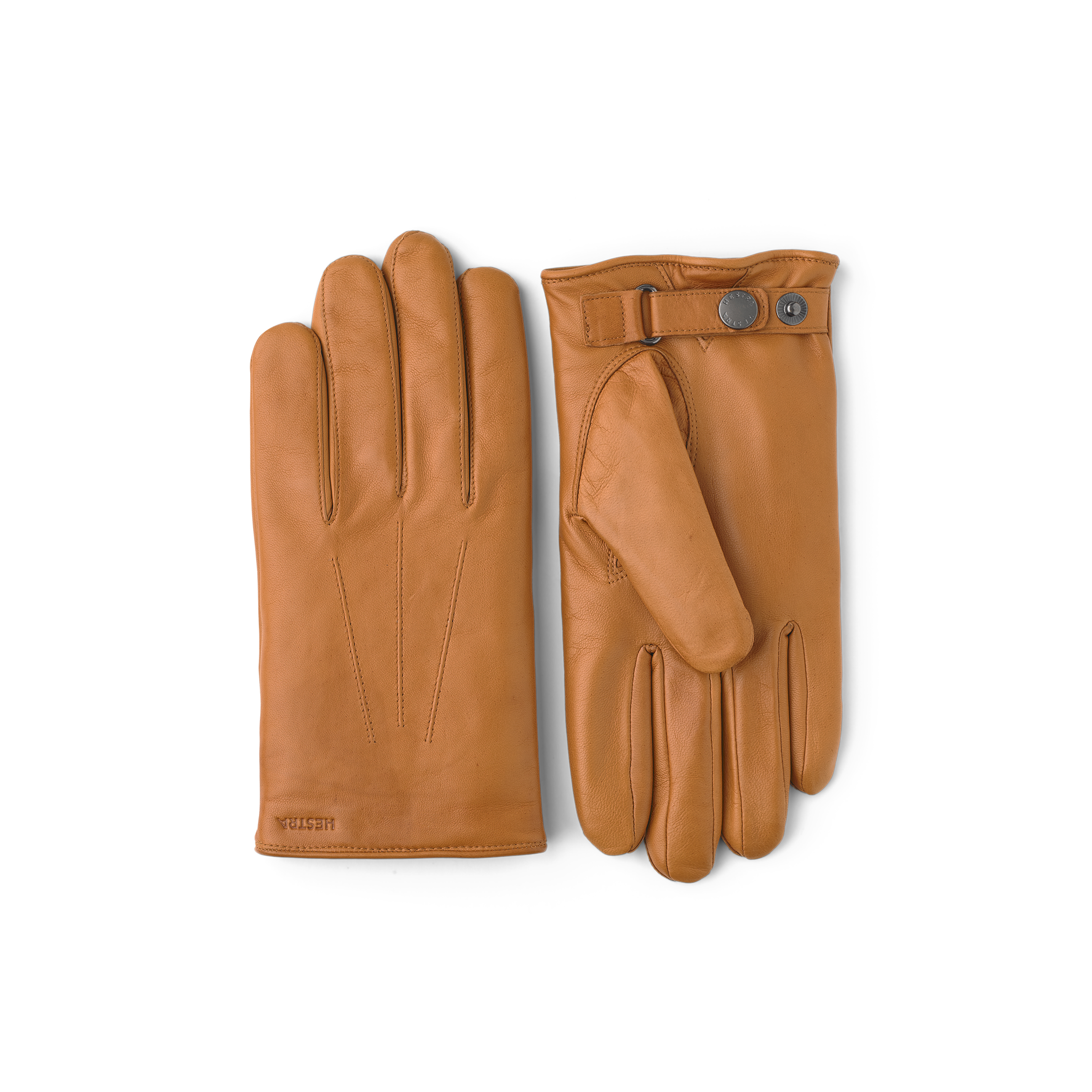 Light brownish-yellow machine-sewn hairsheep leather glove with leather strap and button
