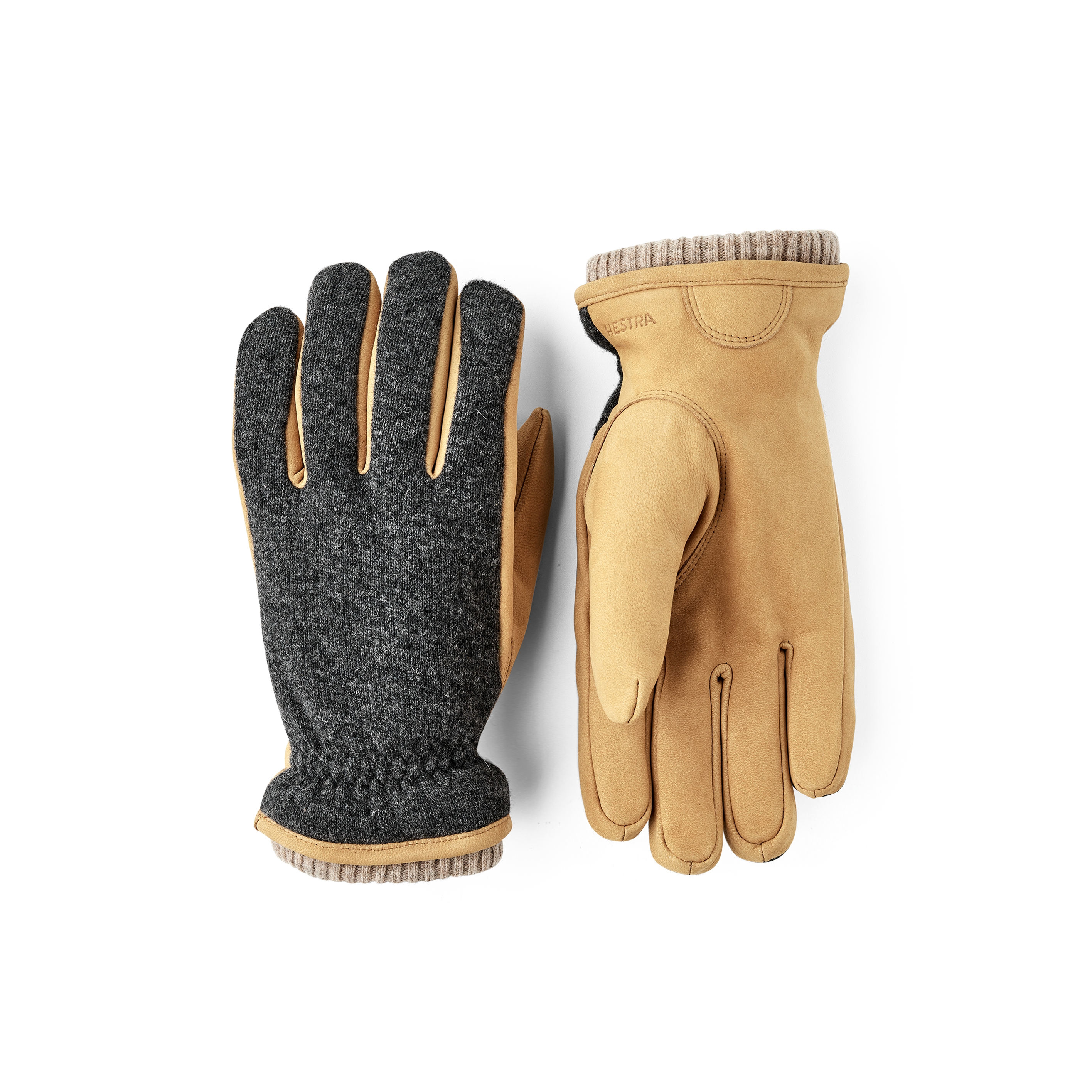 Yellowish-beige machine-sewn goat nubuck glove with dark gray wool jersey back