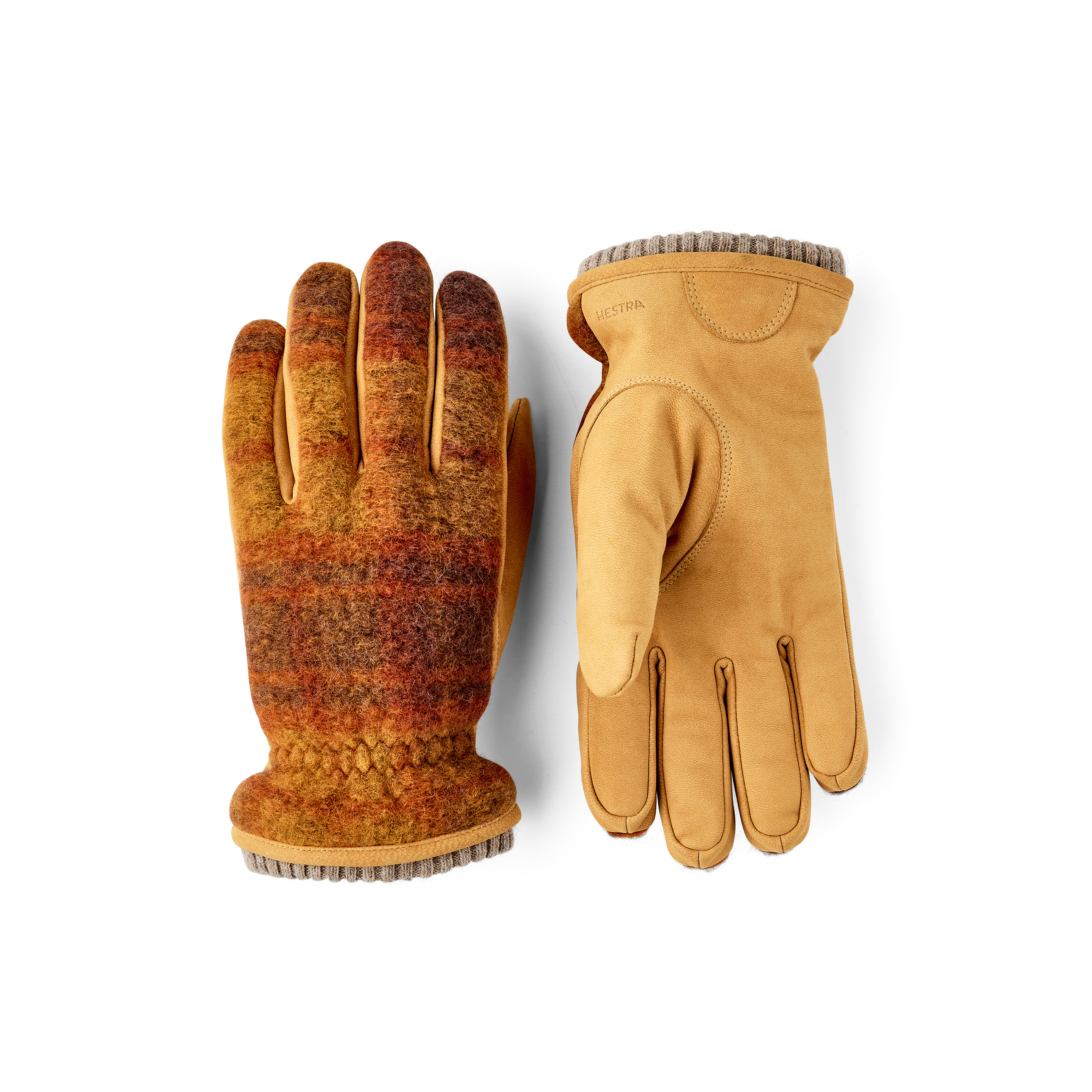 Yellow machine-sewn goat nubuck glove with multicolored wool jersey back