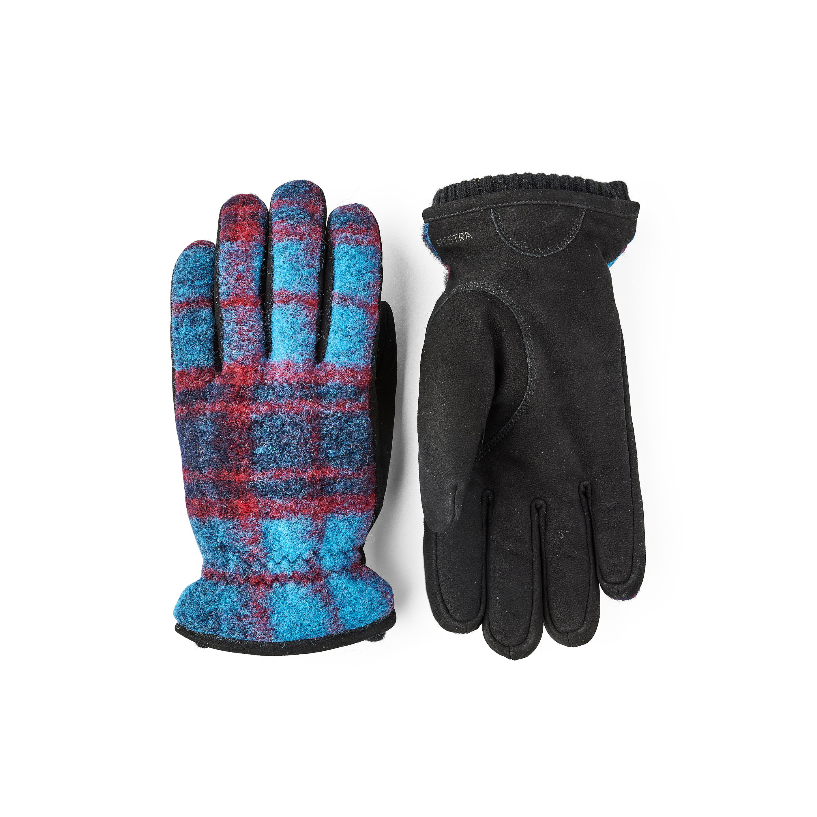 Dark blue machine-sewn goat nubuck glove with multicolored wool jersey back