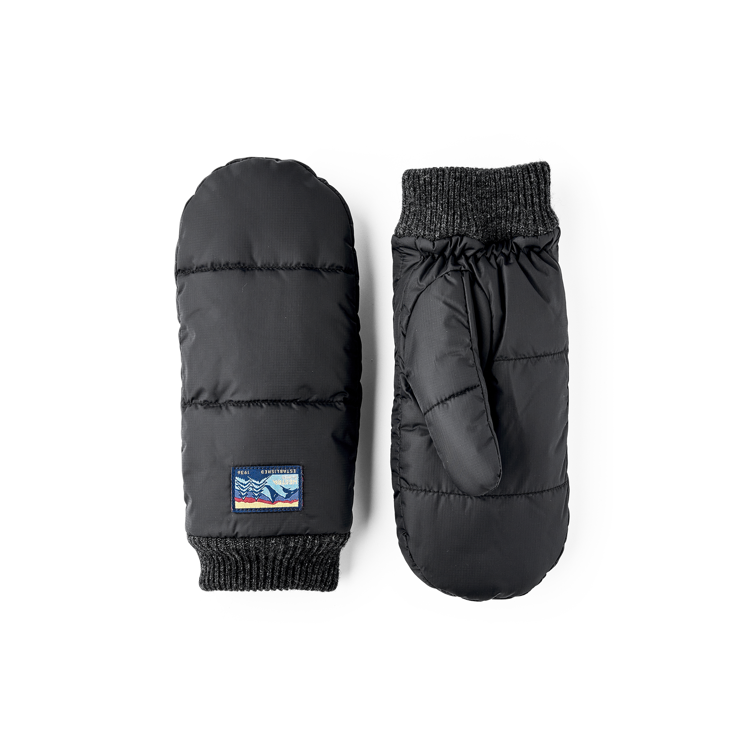 Black fabric mitten with knitted cuff