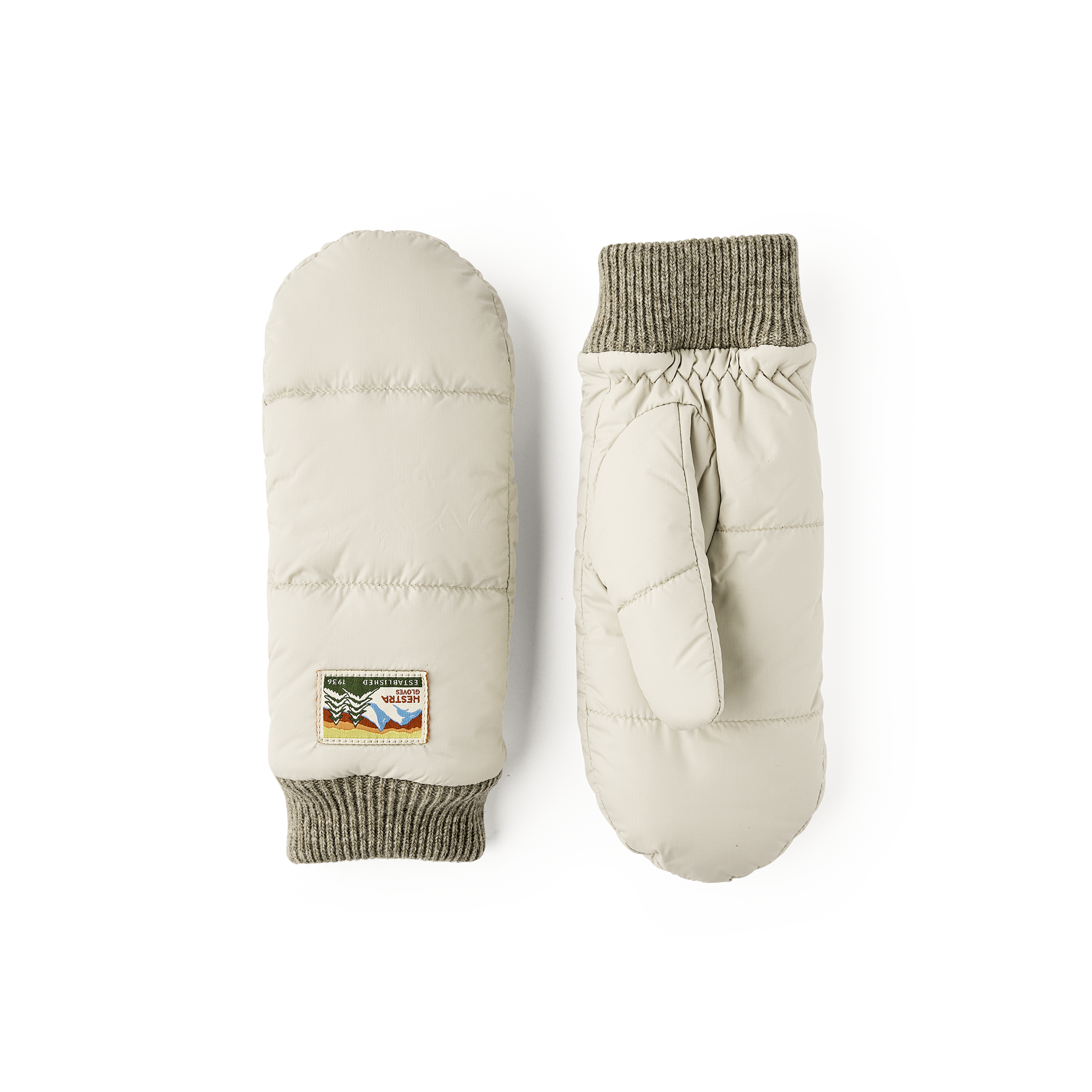 Light beige fabric mitten with light gray knitted cuff