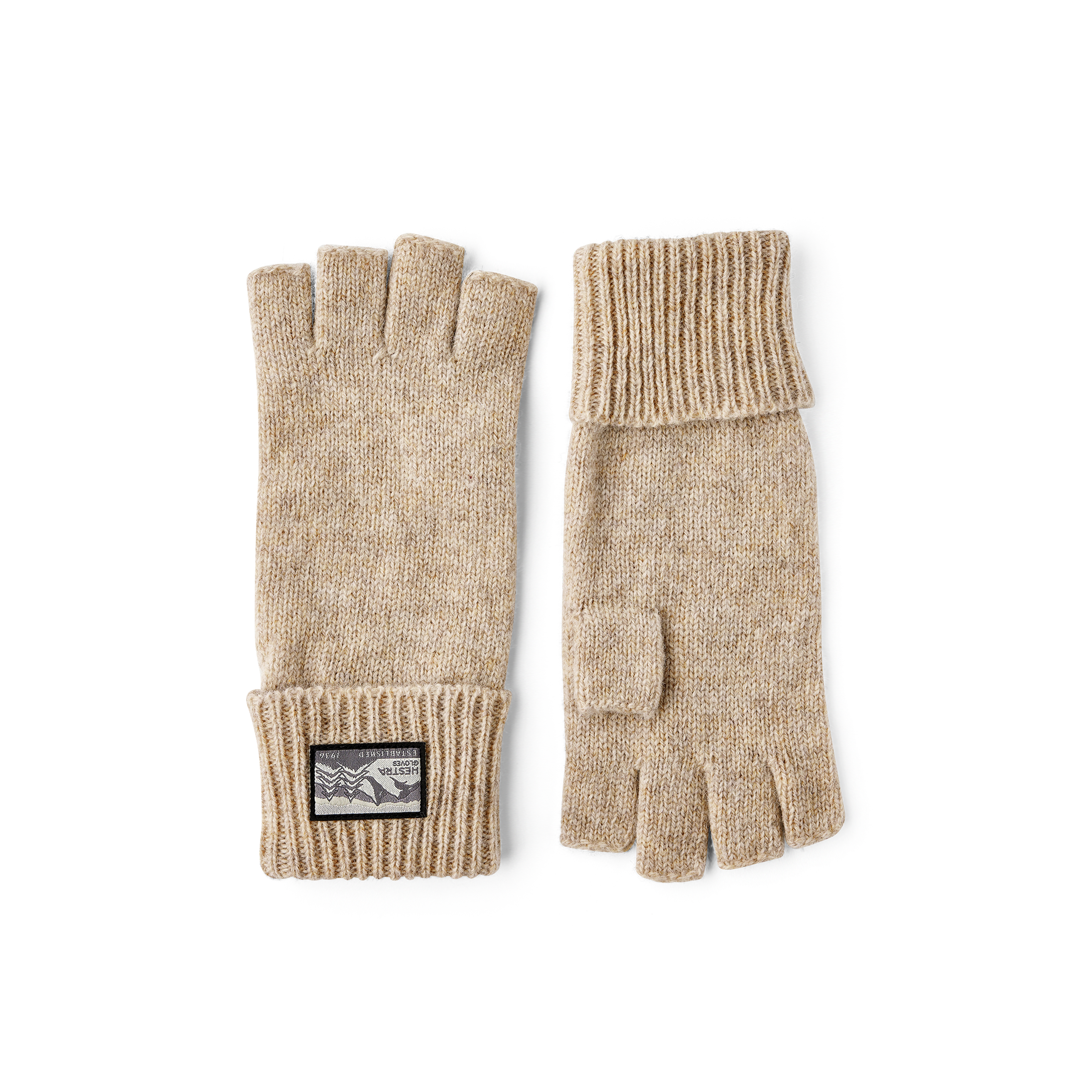 Beige fingerless glove in mottled wool yarn