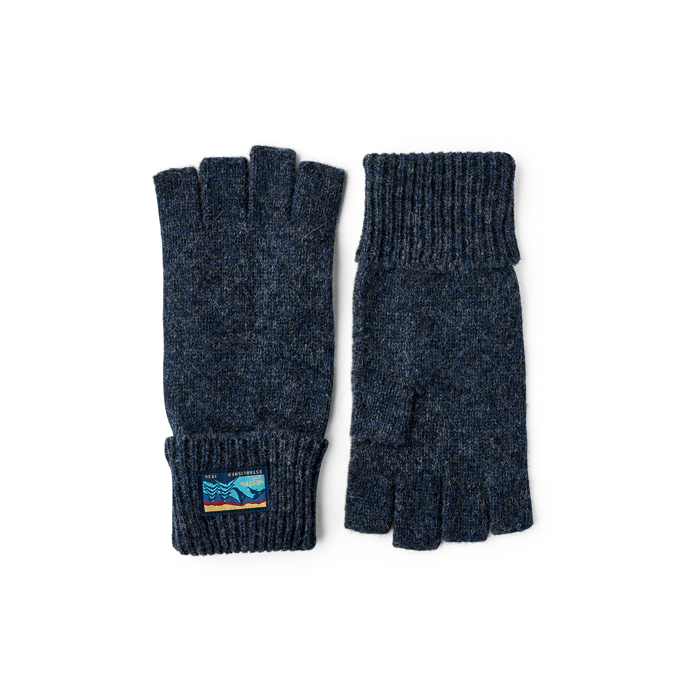 Dark blue fingerless glove in mottled wool yarn