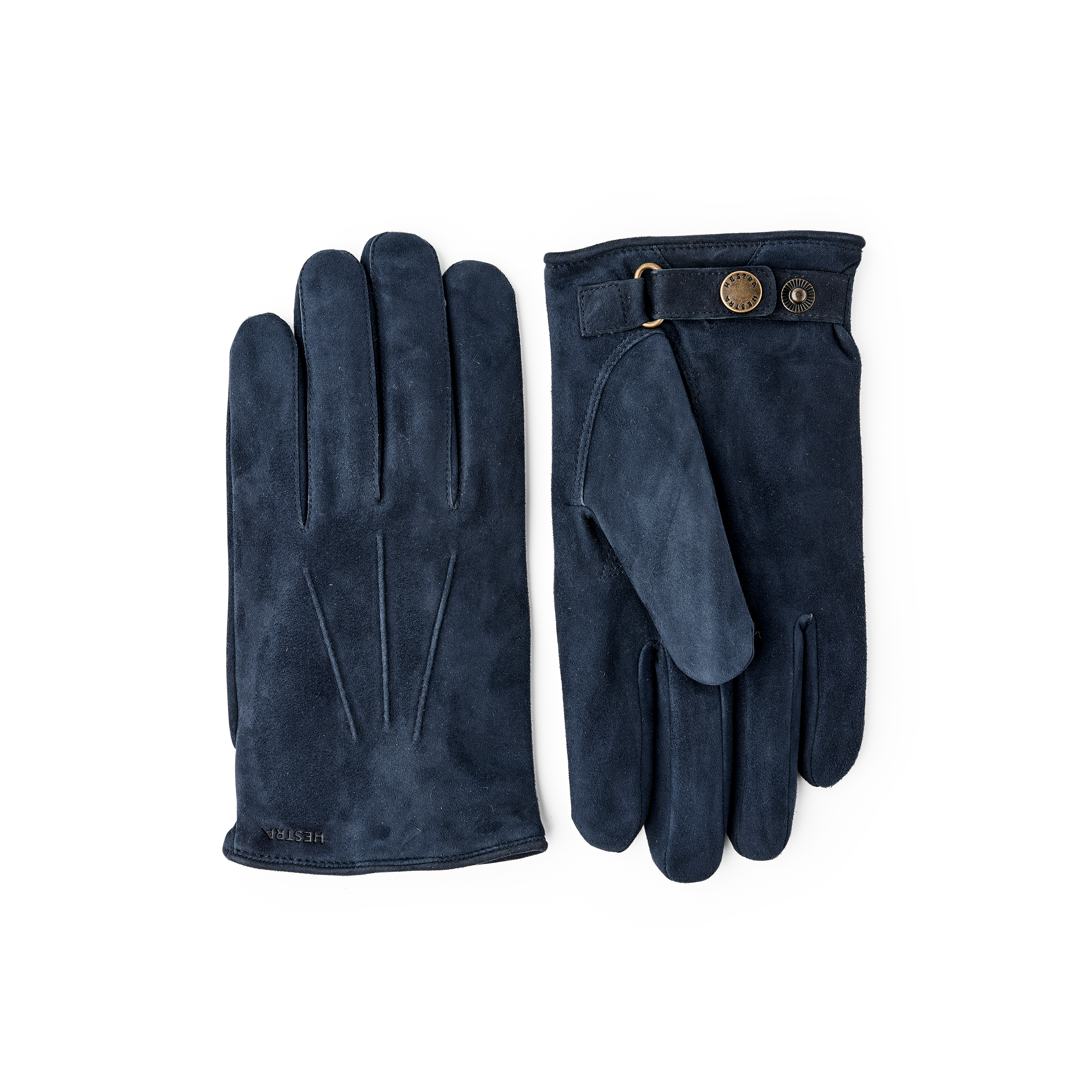 Dark blue machine-sewn suede glove with leather strap and button