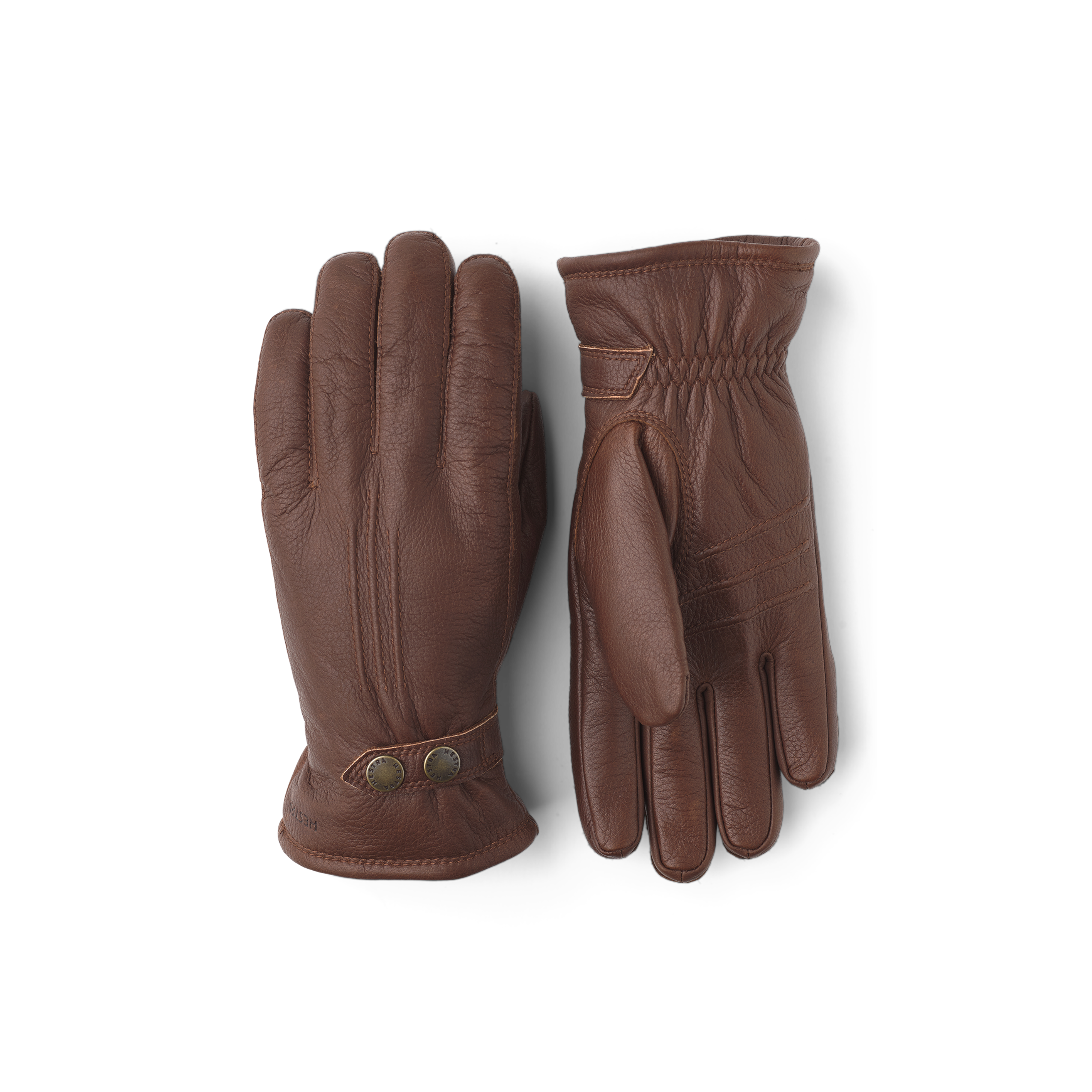 Brown machine-sewn elk leather glove with leather strap and button