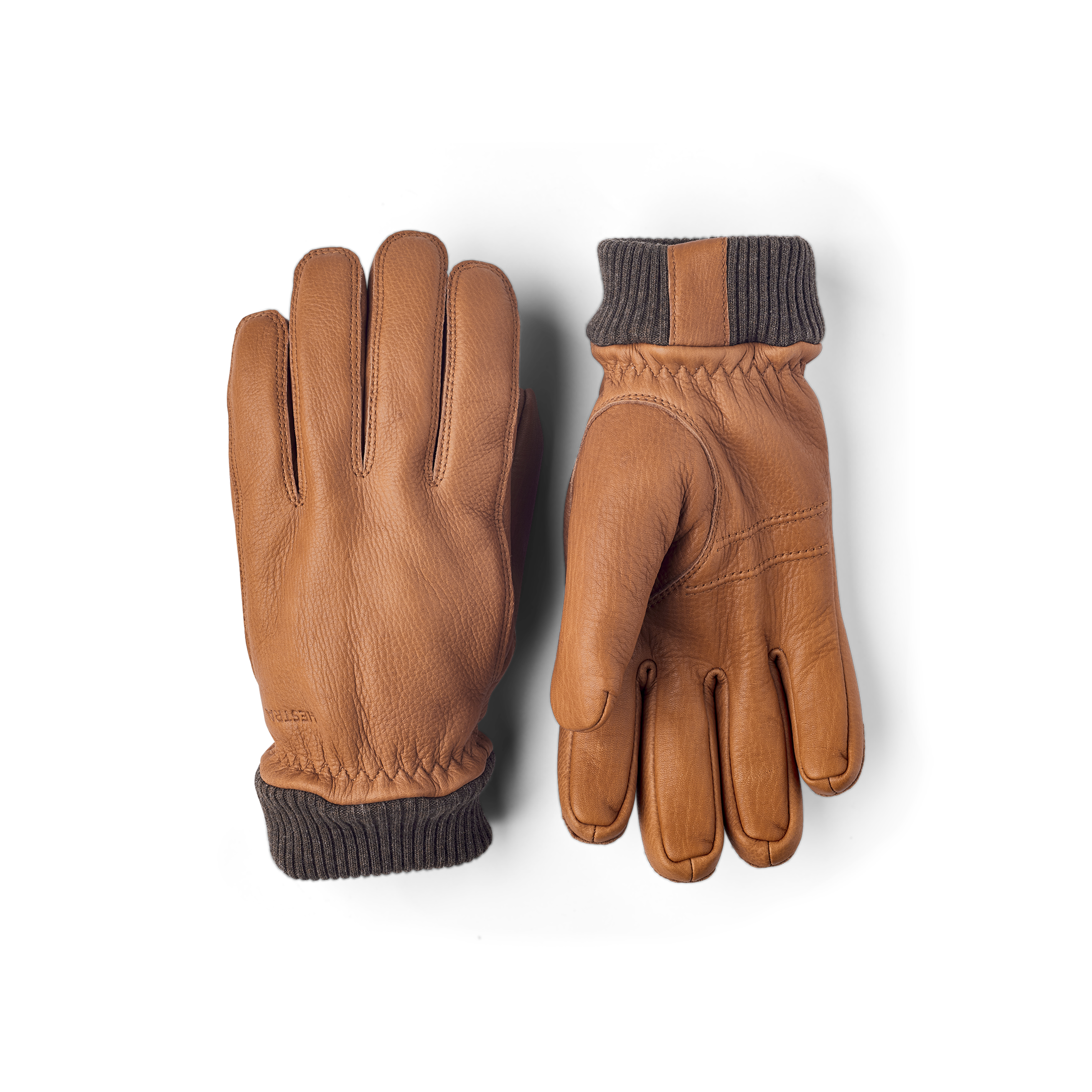 Light brown machine-sewn deerskin glove with knitted cuff