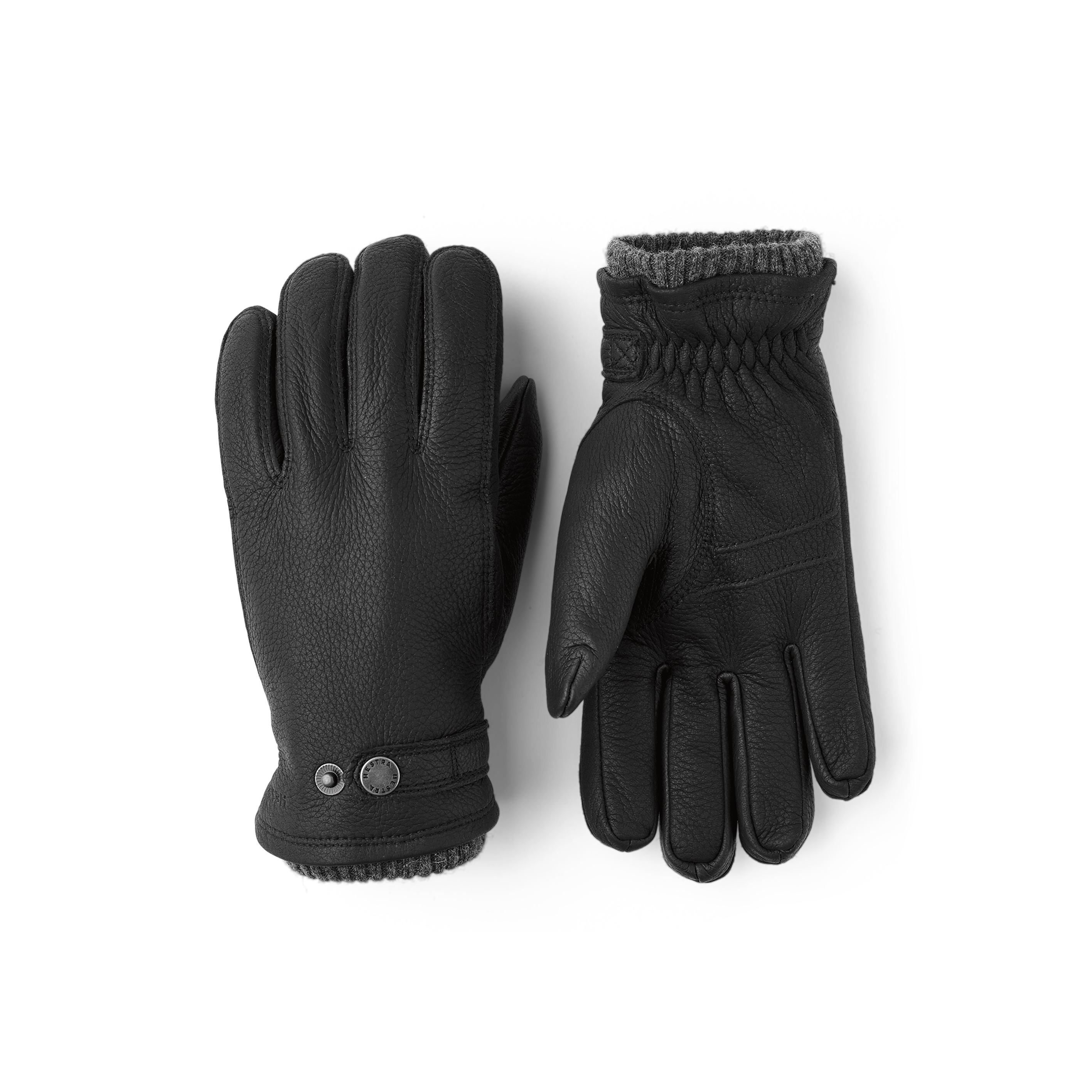Black machine-sewn elk leather glove with leather strap and button