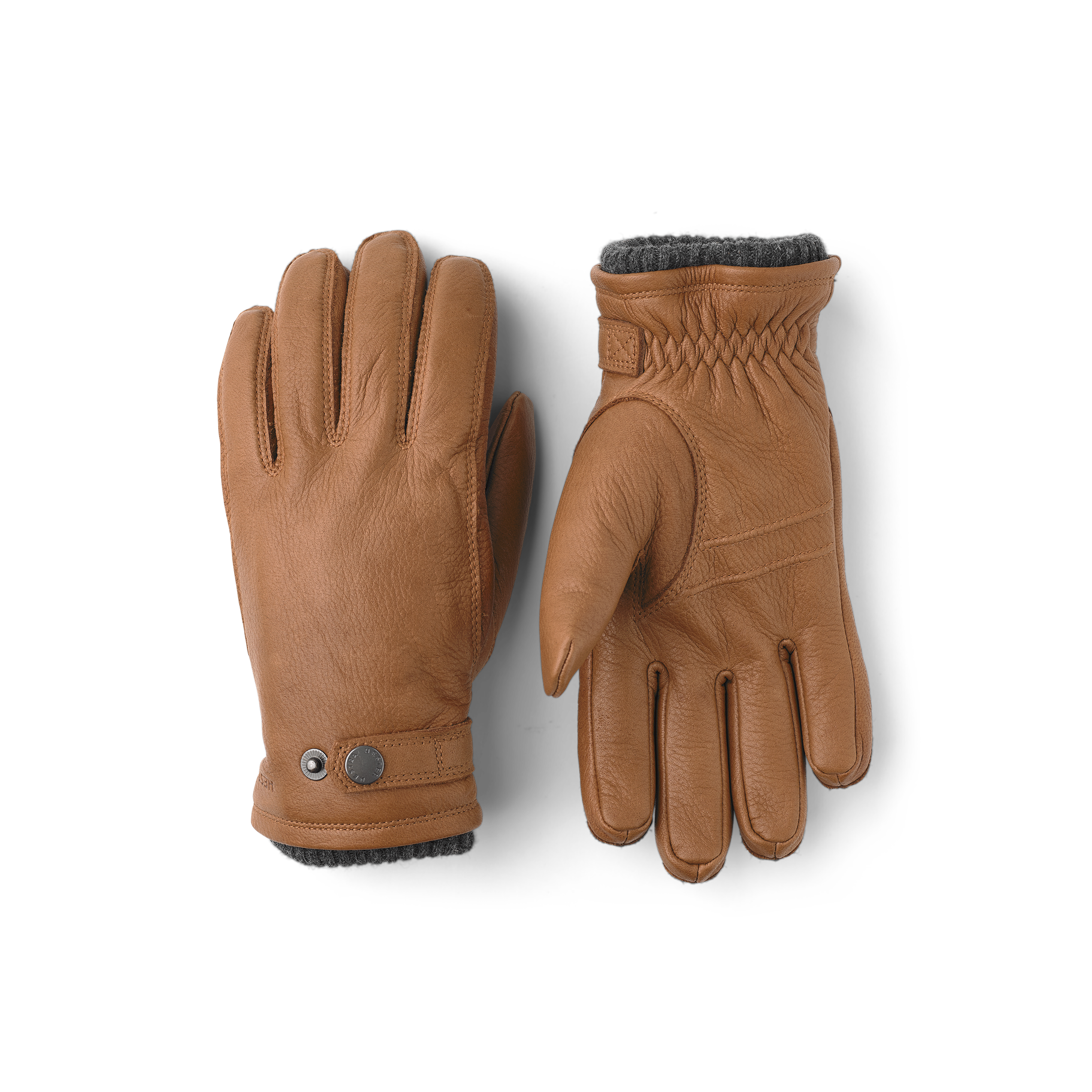 Light brown machine-sewn elk leather glove with leather strap and button