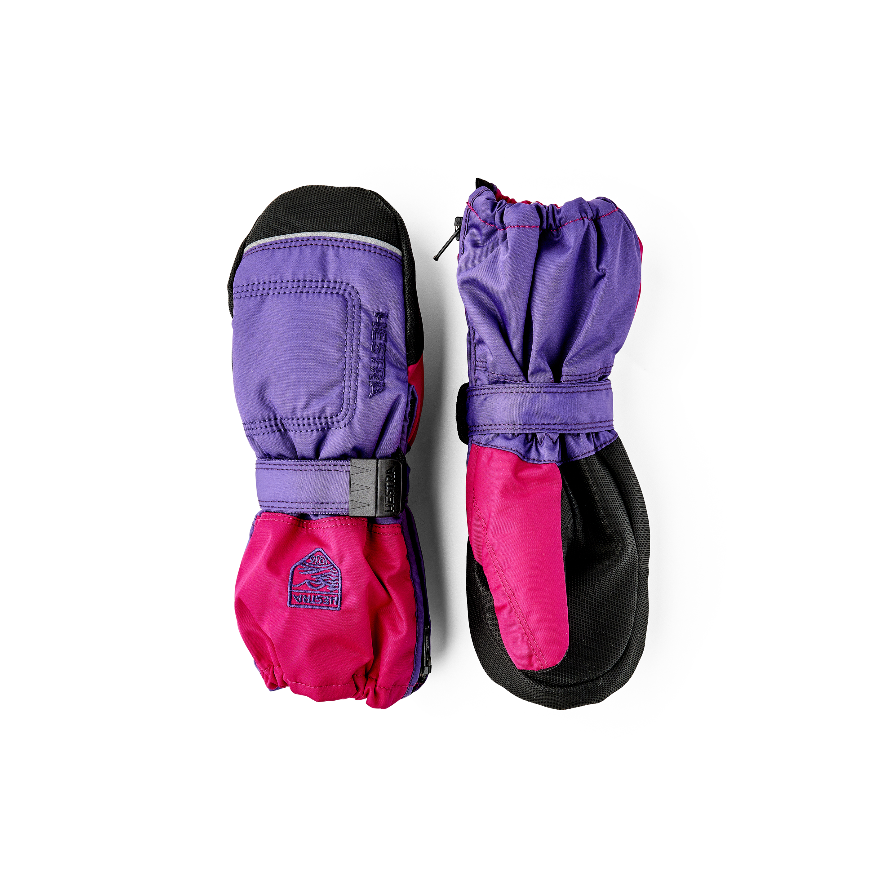 Purple and pink fabric mitten with black palm and wrist adjustment