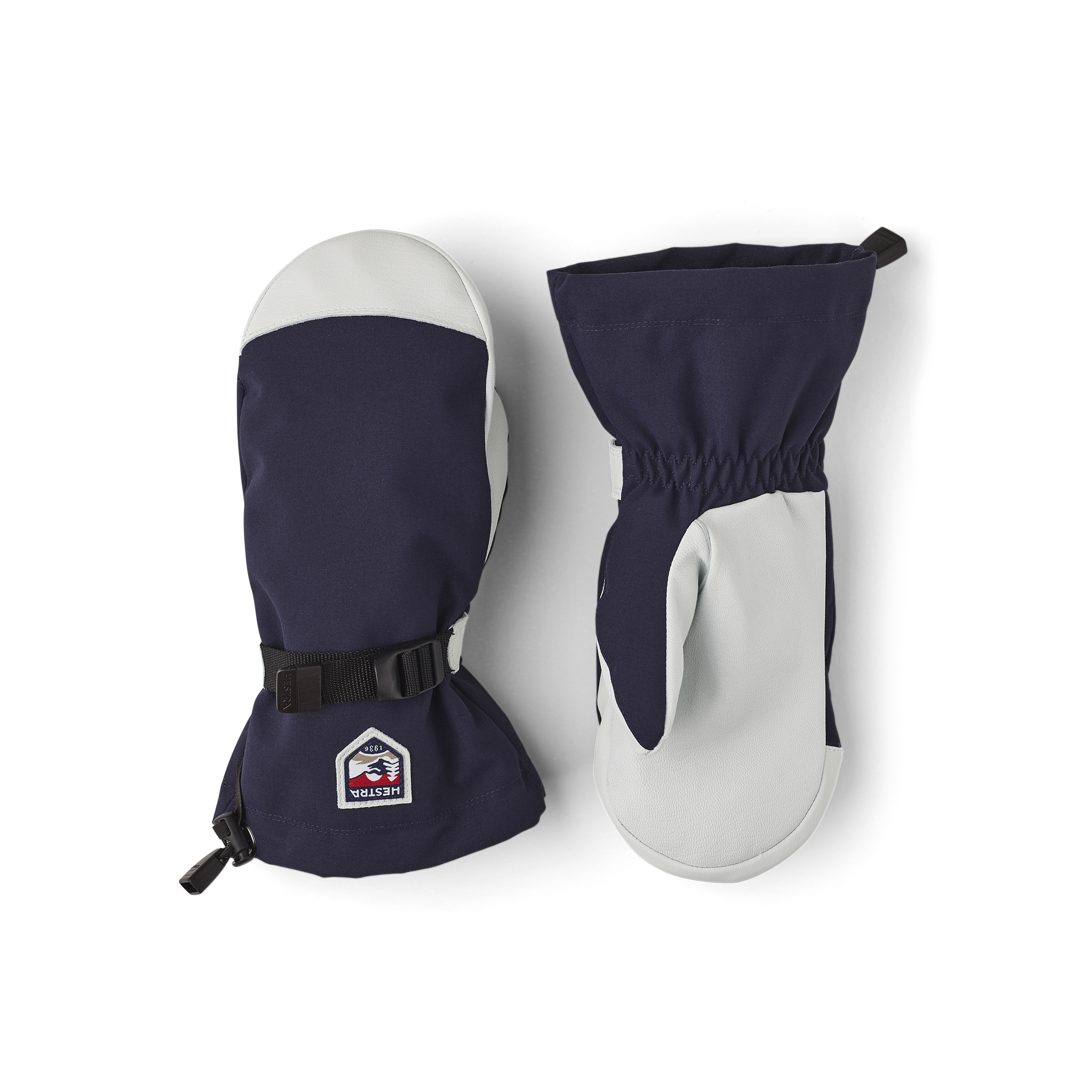 Dark blue mitten with white goat leather palm and wrist strap