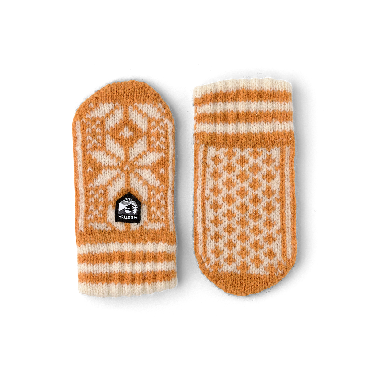 Dark yellow and white knitted mitten in wool mix