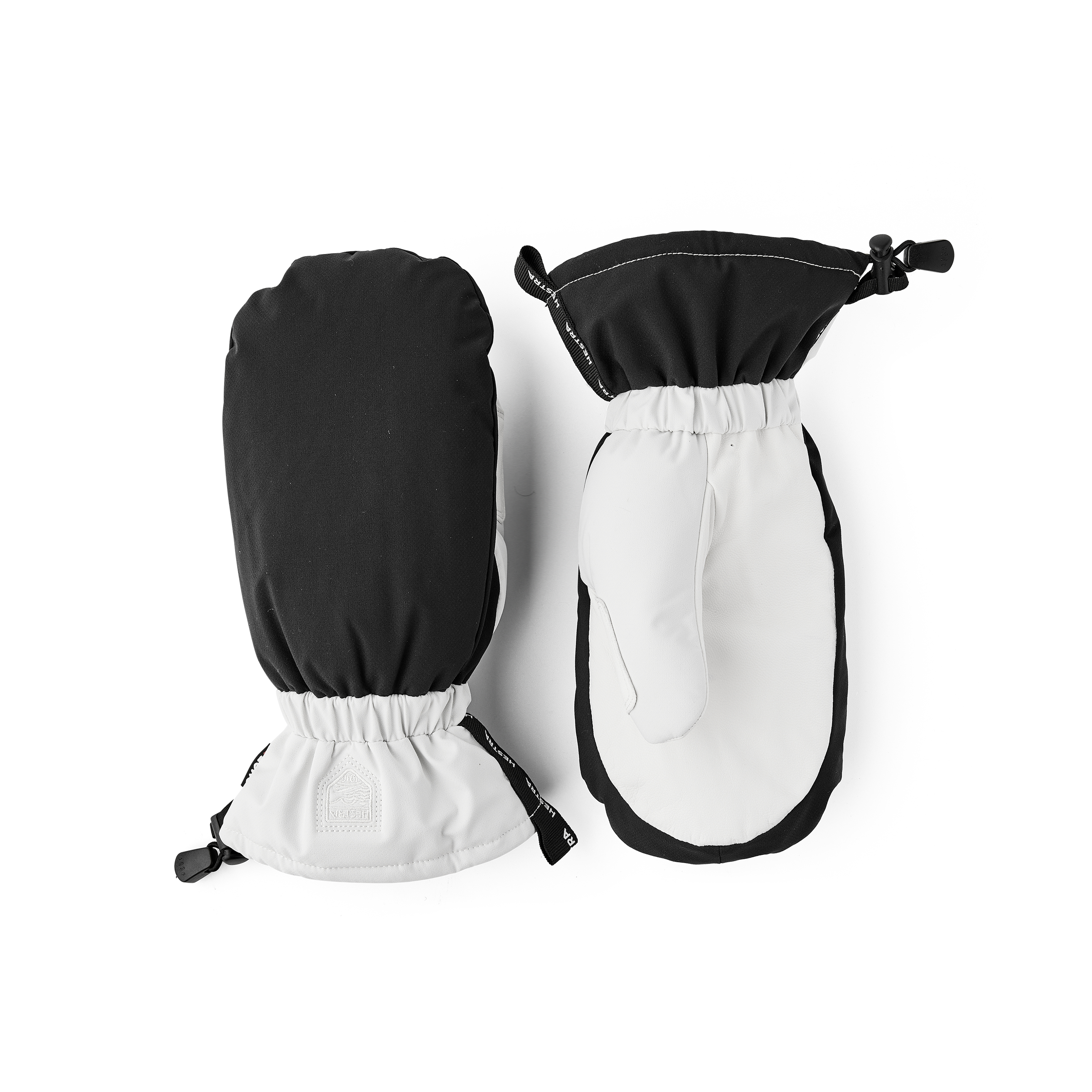 Black and white fabric ski glove with white goat leather palm