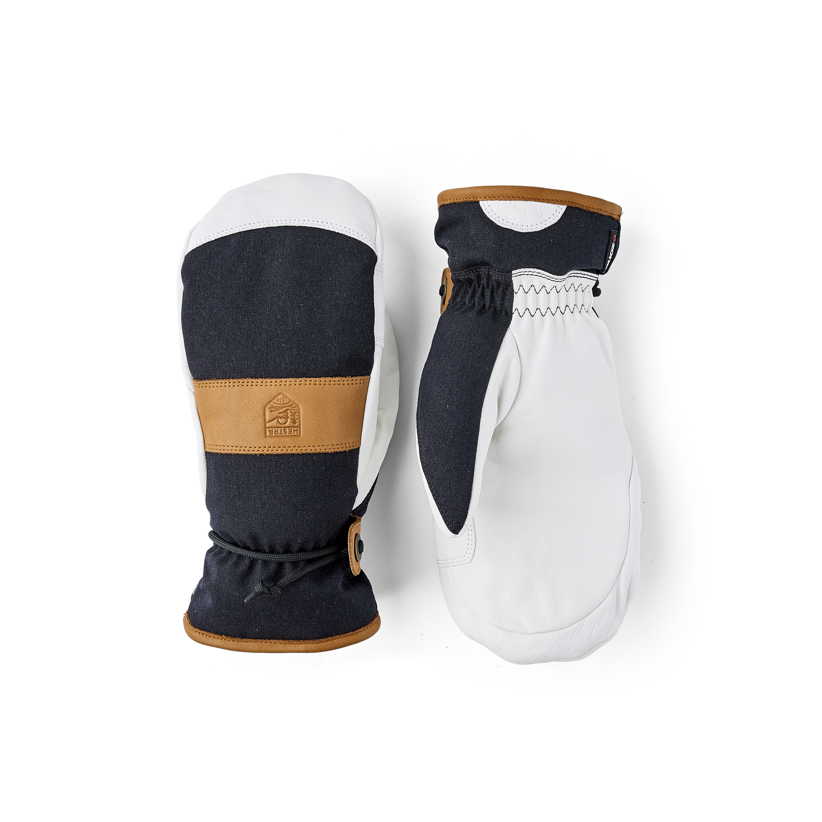 Black mitten with white goat leather palm and wrist strap