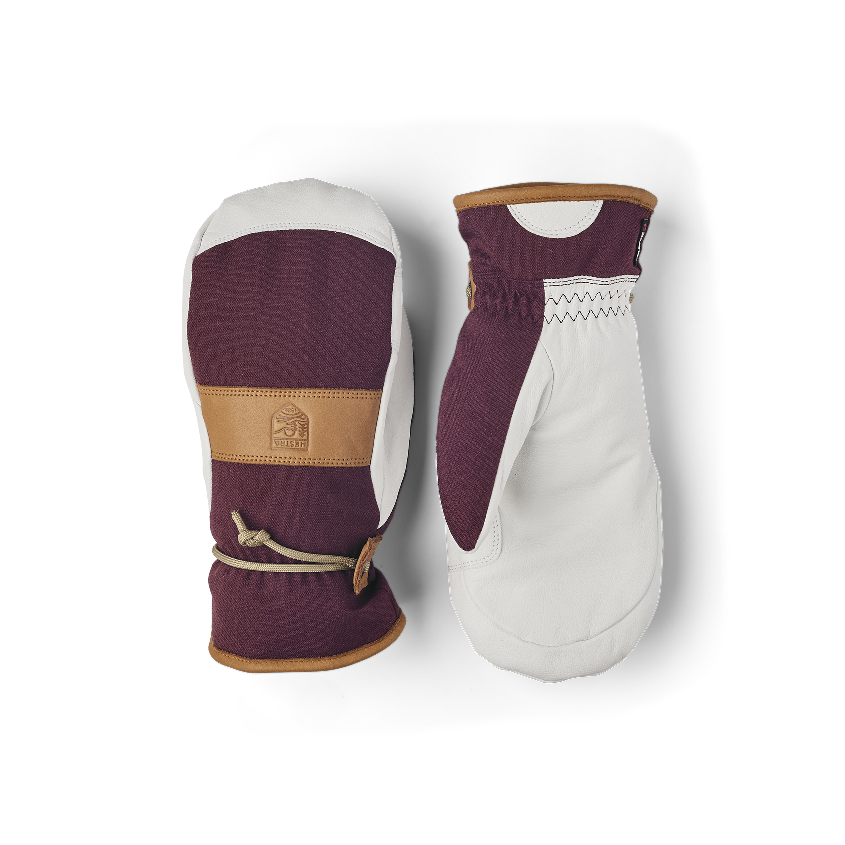Wine red mitten with white goat leather palm and wrist strap