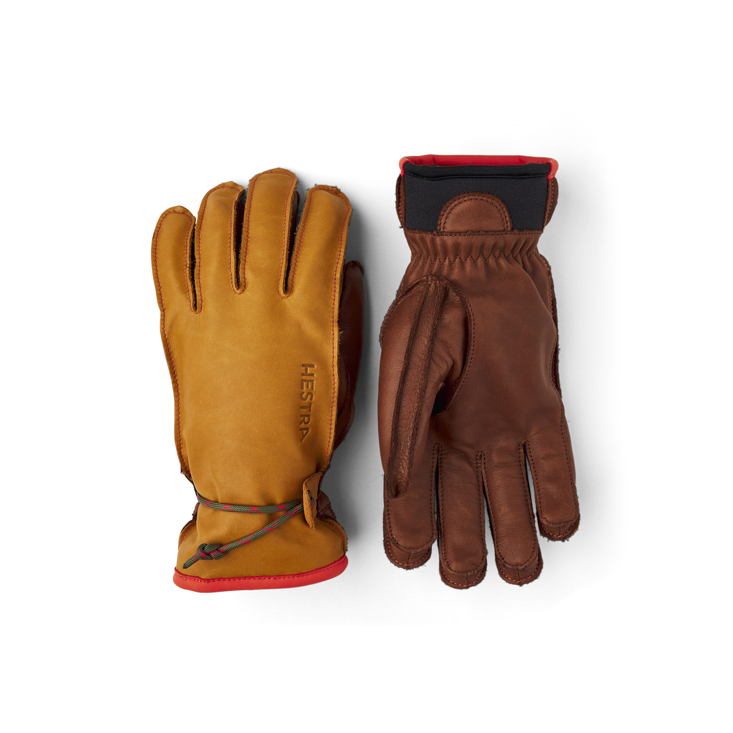 Light brown cow hide ski glove with brown palm and wrist adjustment