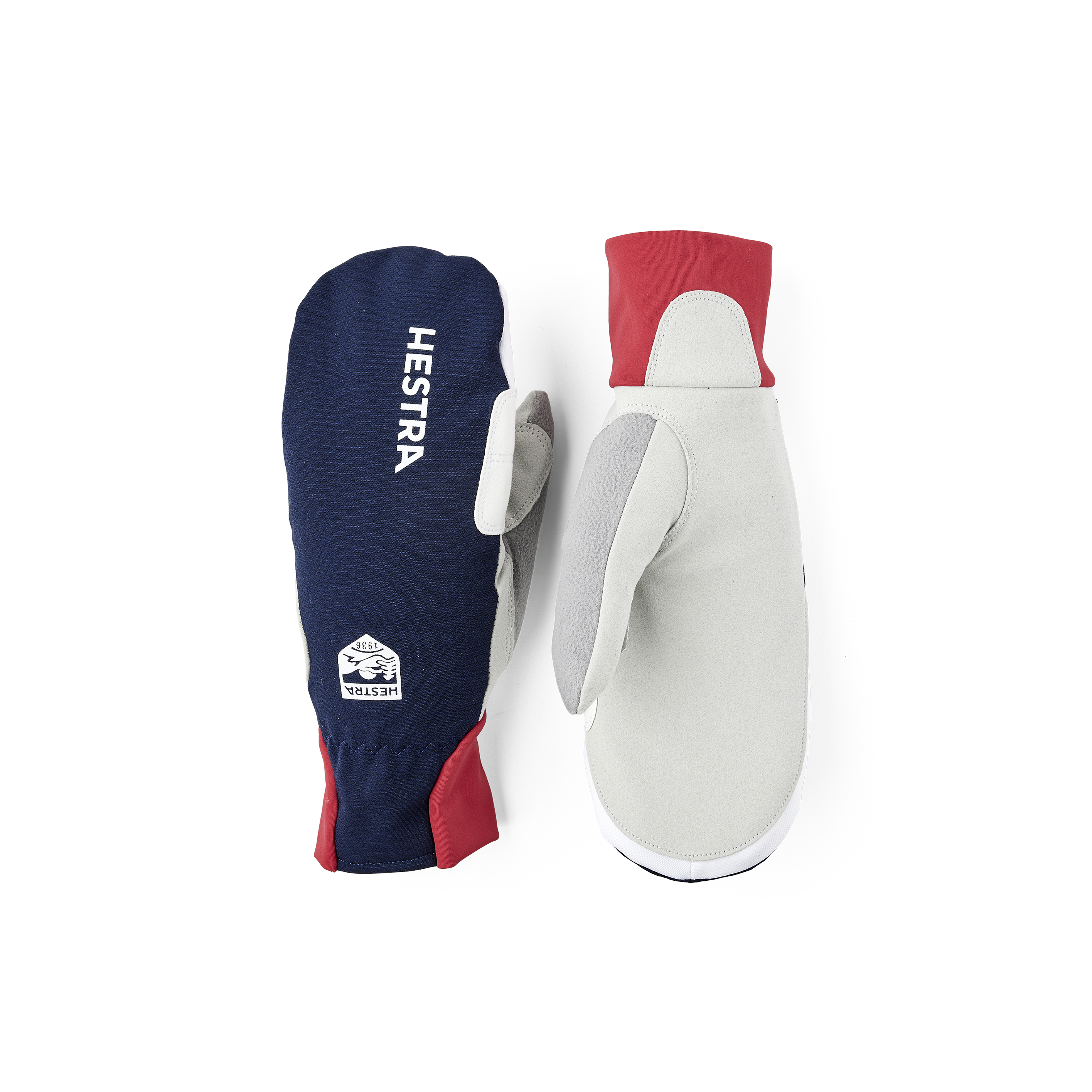 Dark blue and red fabric mitten with gray synthetic suede palm