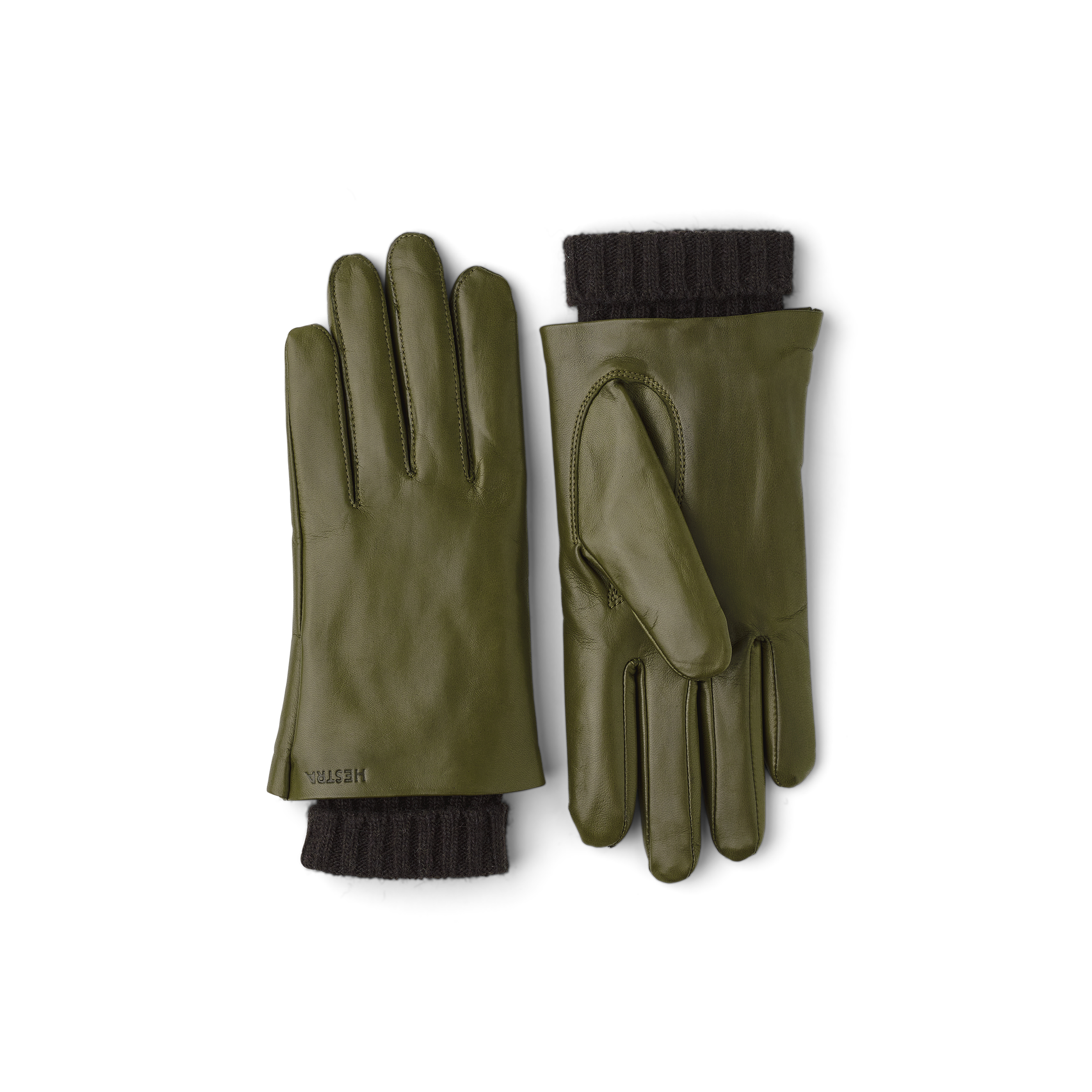 Moss green machine-sewn hairsheep leather glove with knitted cuff