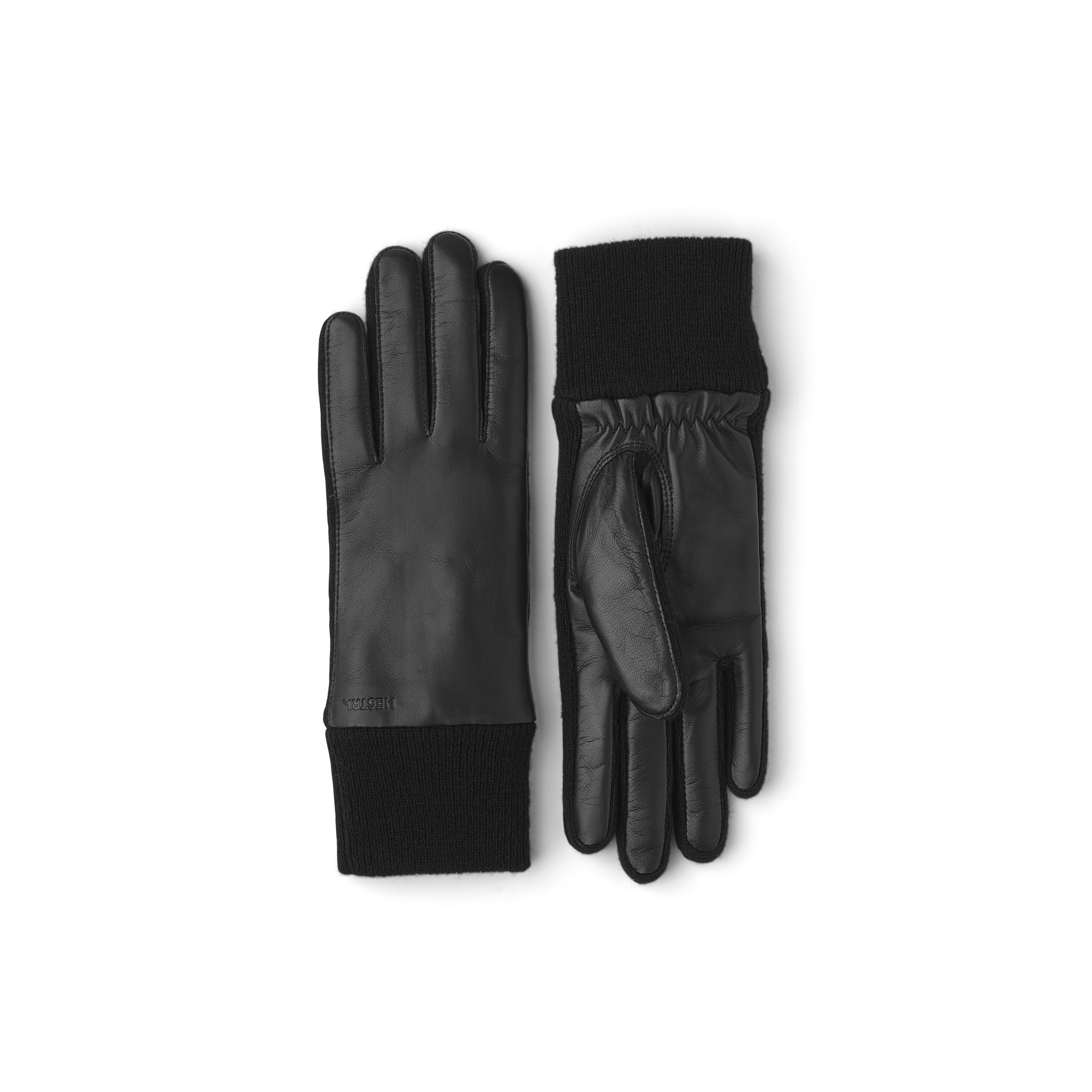 Black machine-sewn hairsheep leather glove with knitted cuff and sides