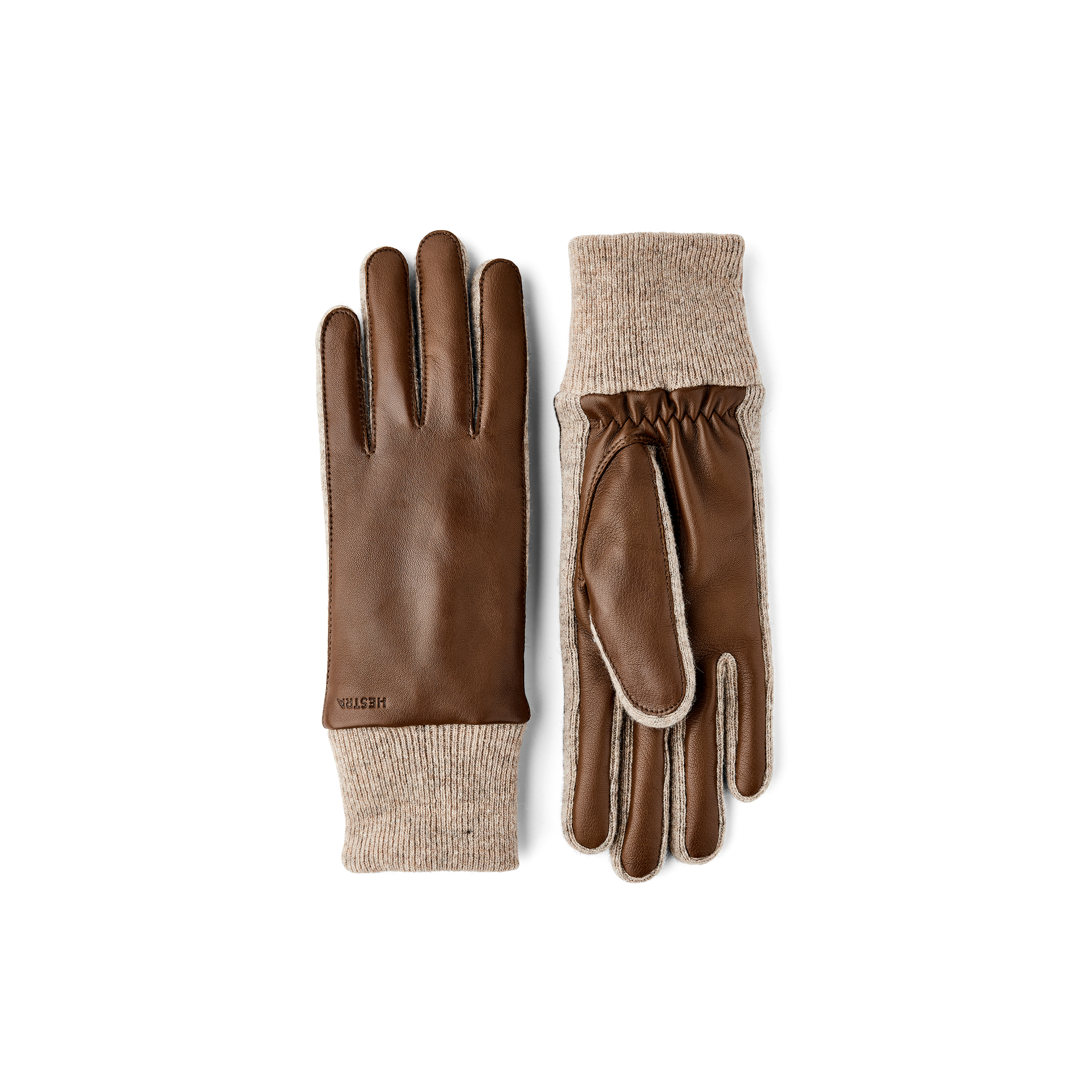 Brown machine-sewn hairsheep leather glove with light beige knitted cuff and sides