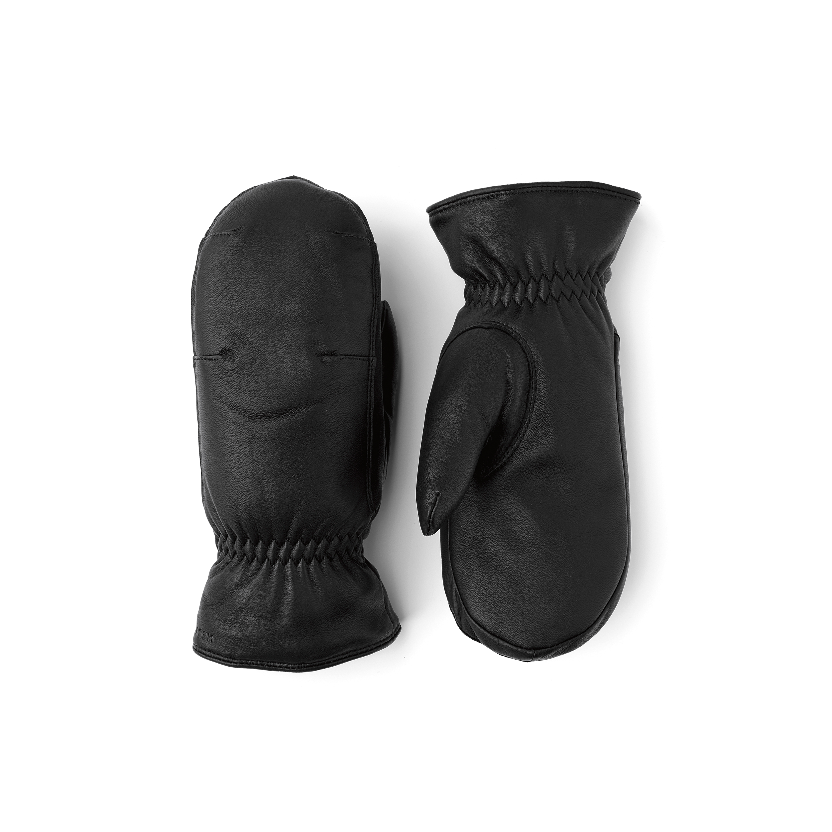Black machine-sewn hairsheep leather mitten with elasticated cuff
