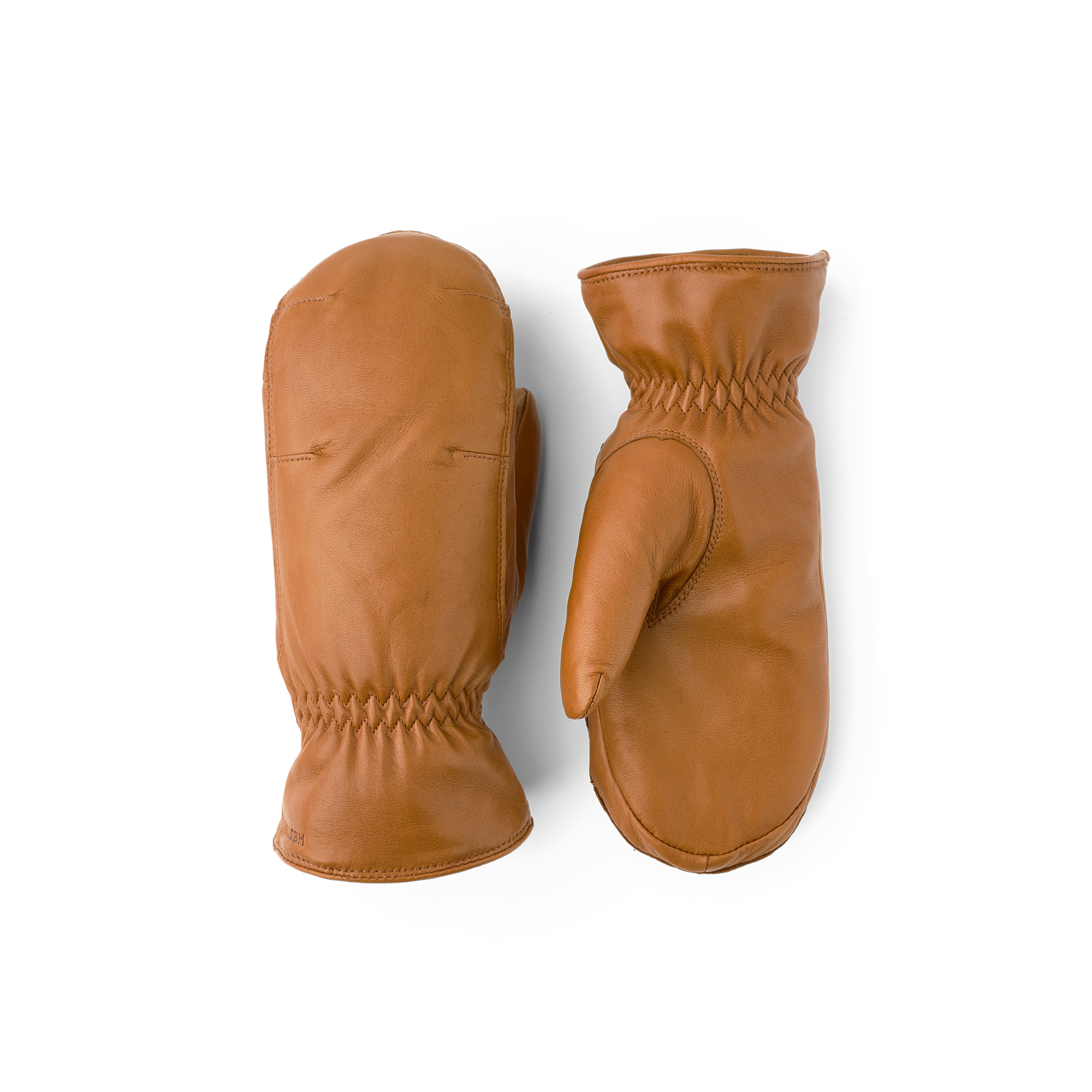 Light brownish-yellow machine-sewn hairsheep leather mitten with elasticated cuff