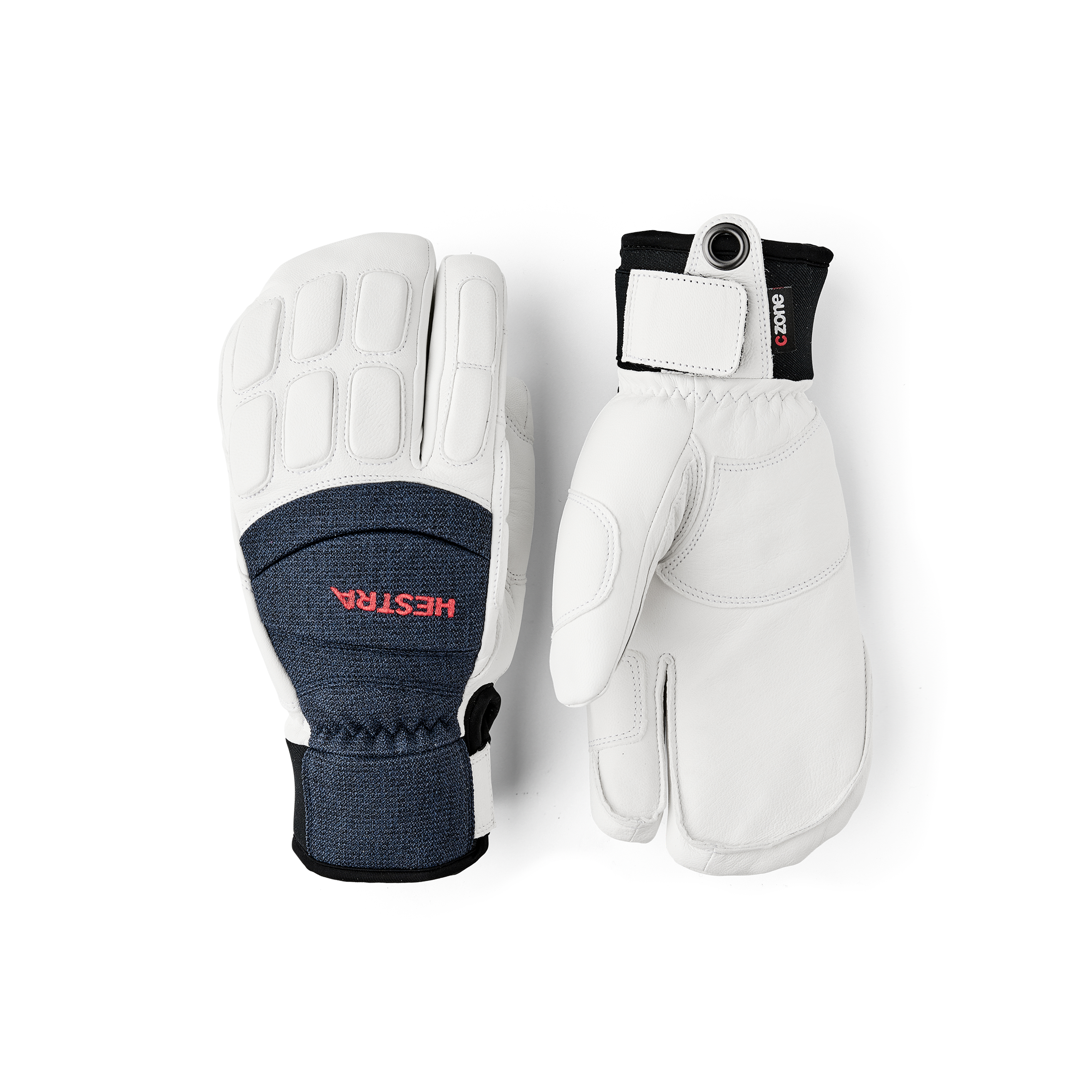White three finger goat leather ski glove with dark blue fabric back with shock-absorbing panels.