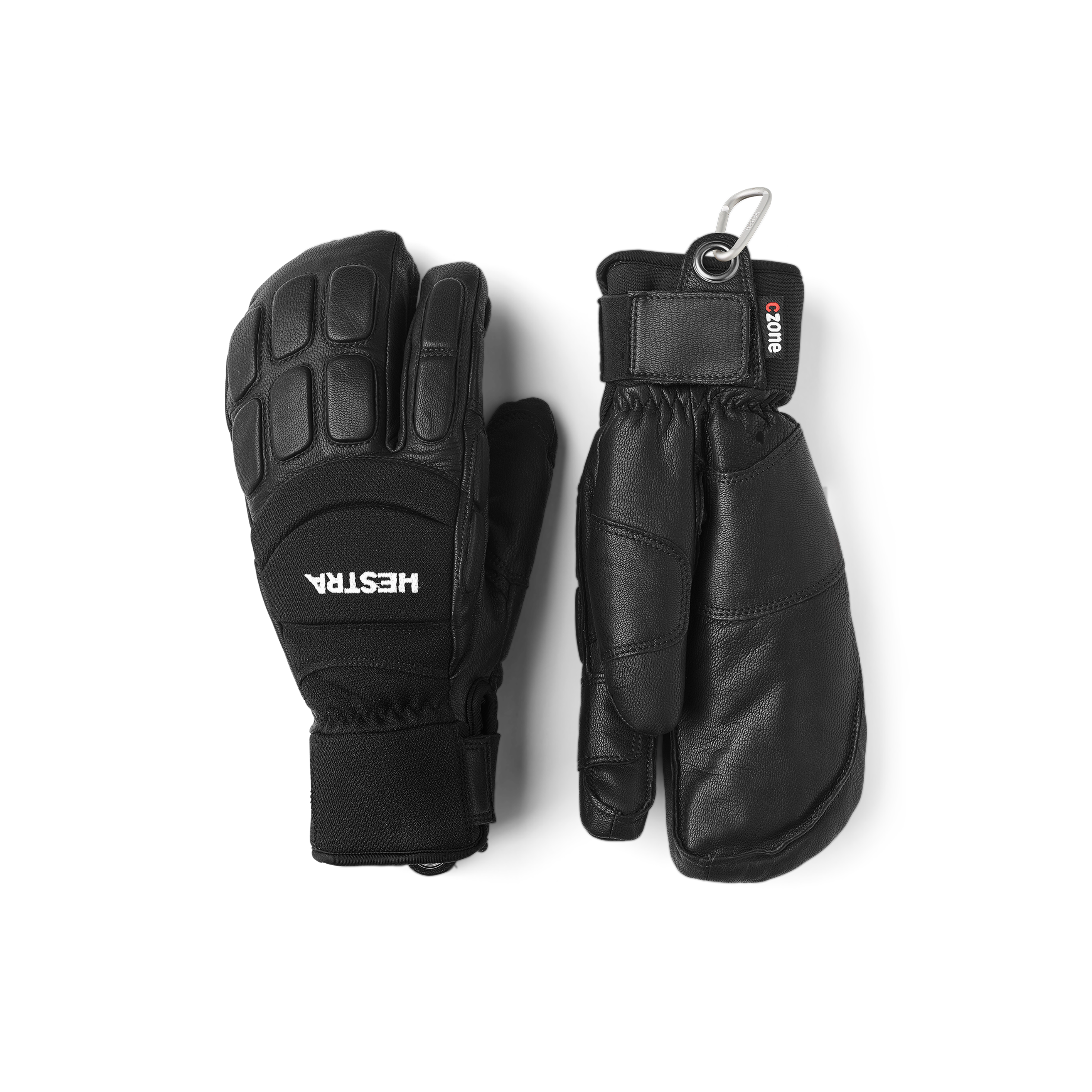 Black three finger goat leather ski glove with black fabric back with shock-absorbing panels.