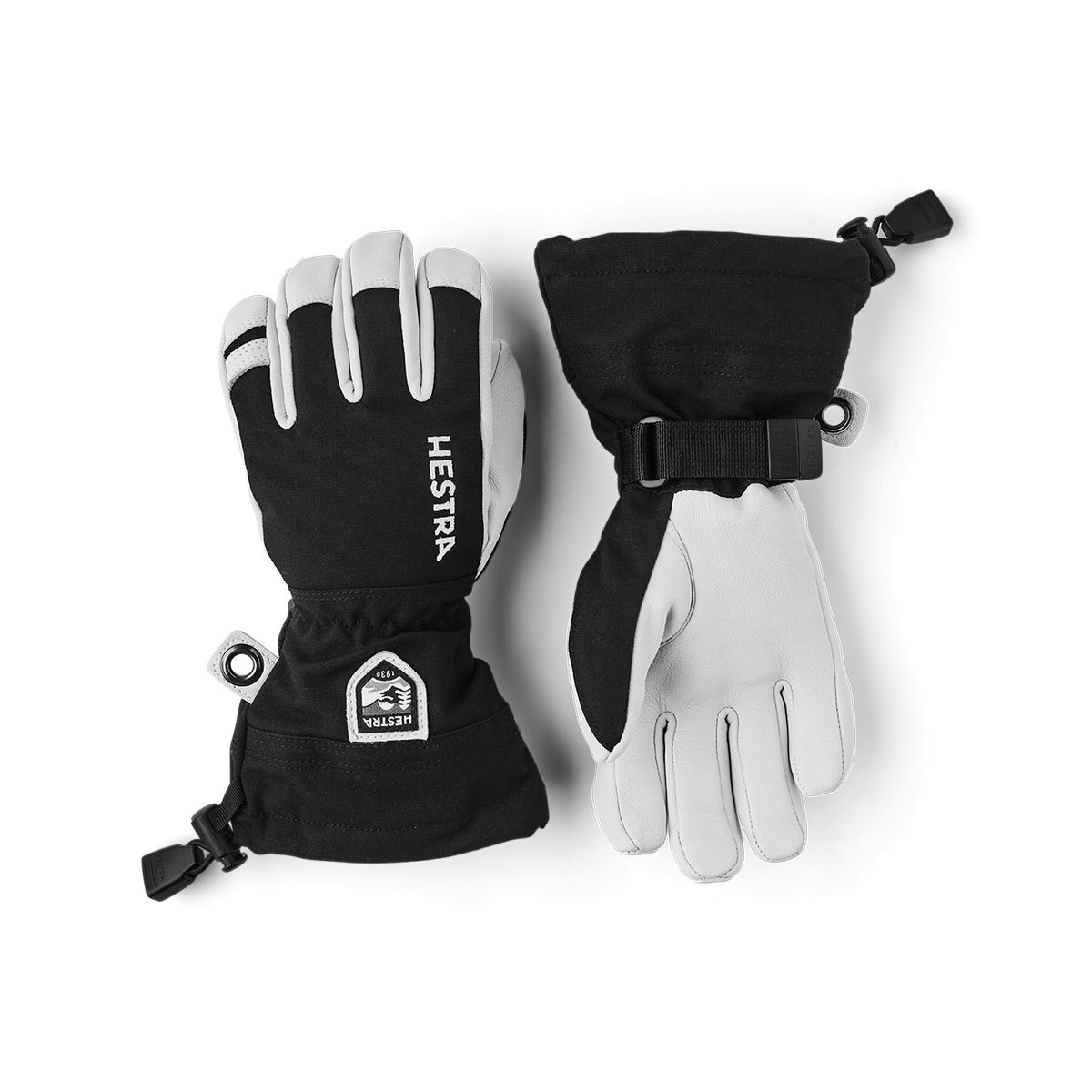 Black ski glove with white goat leather palm