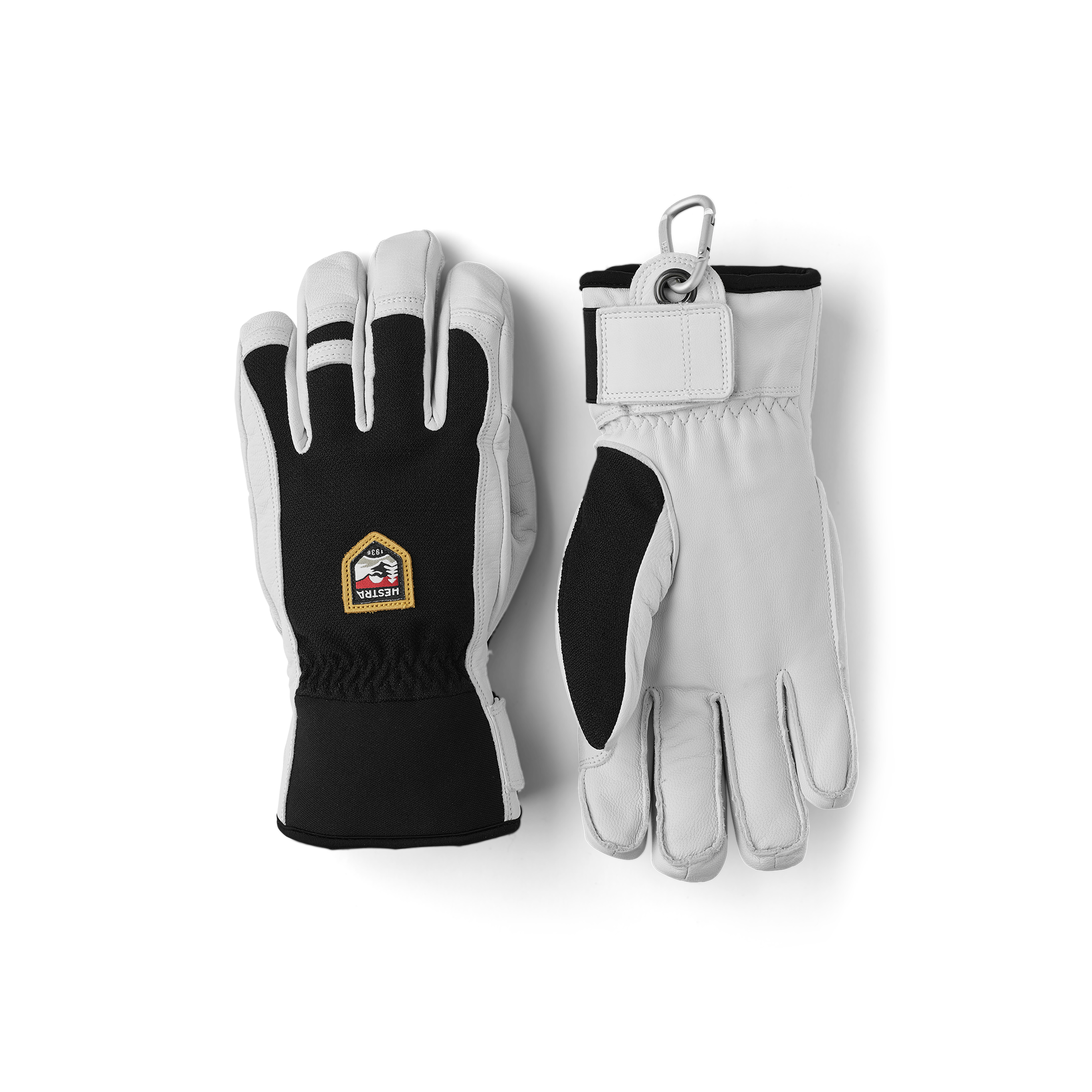 Black ski glove with white goat leather palm