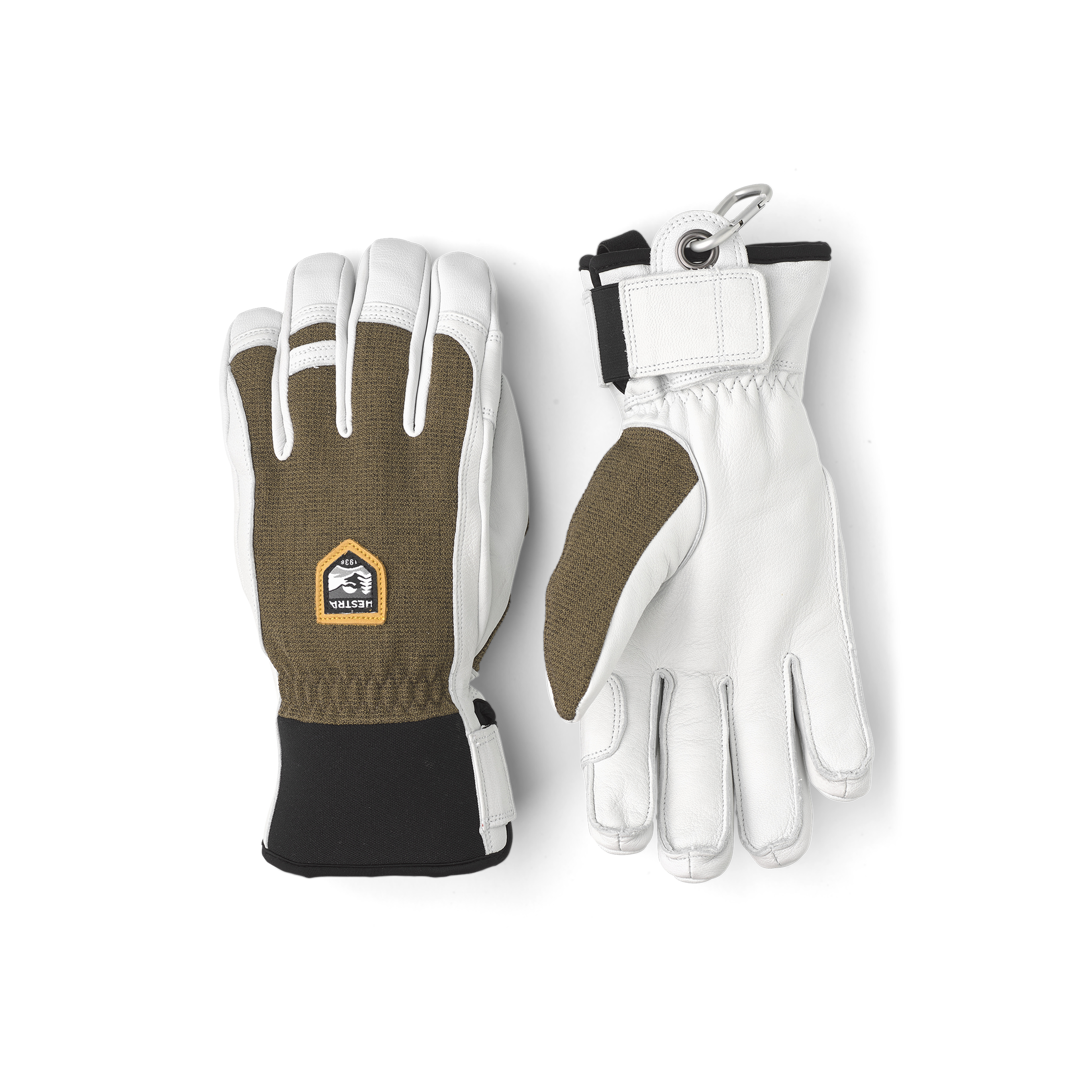 Moss green ski glove with white goat leather palm