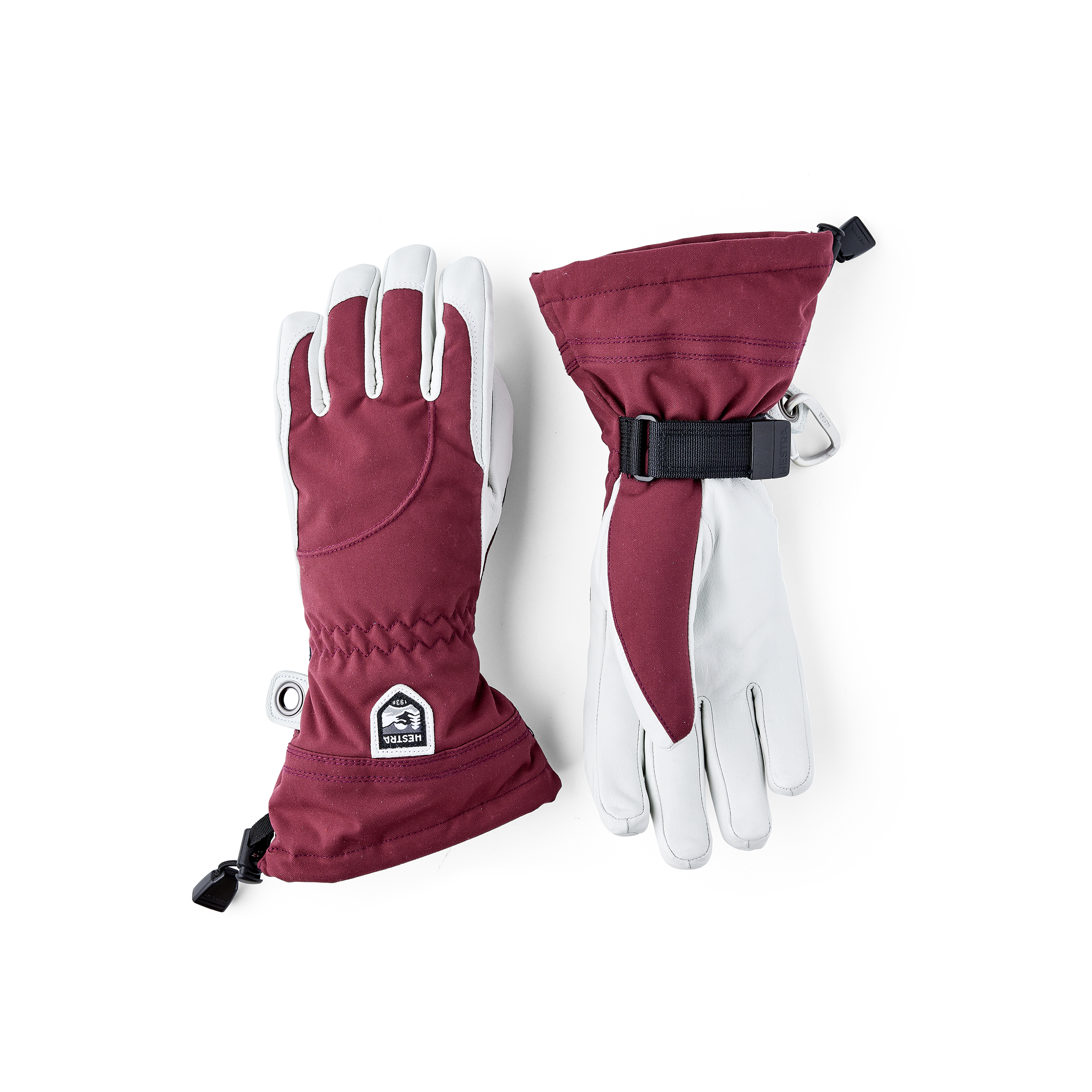 Wine red ski glove with white goat leather palm