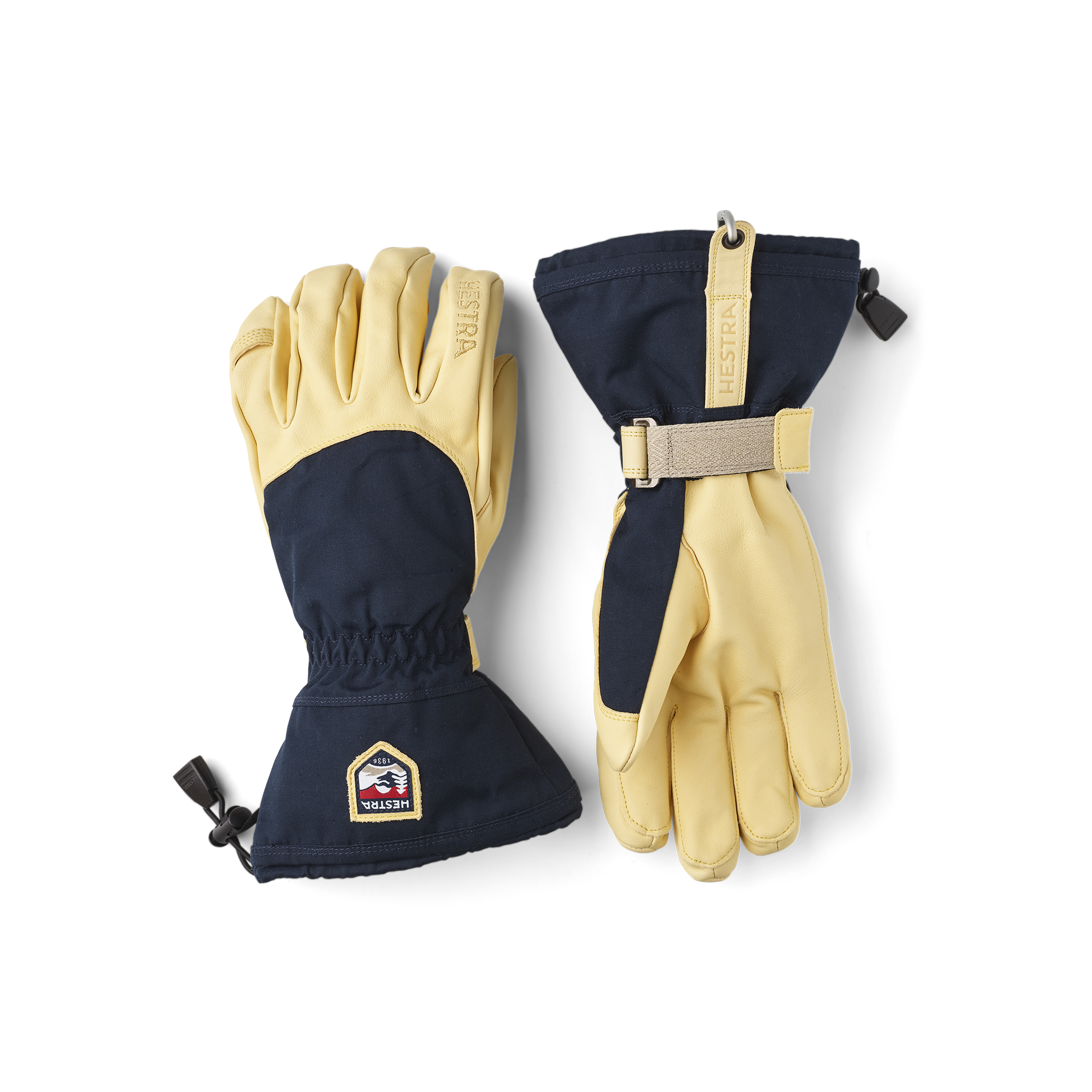 Blue ski glove with yellow cow hide palm