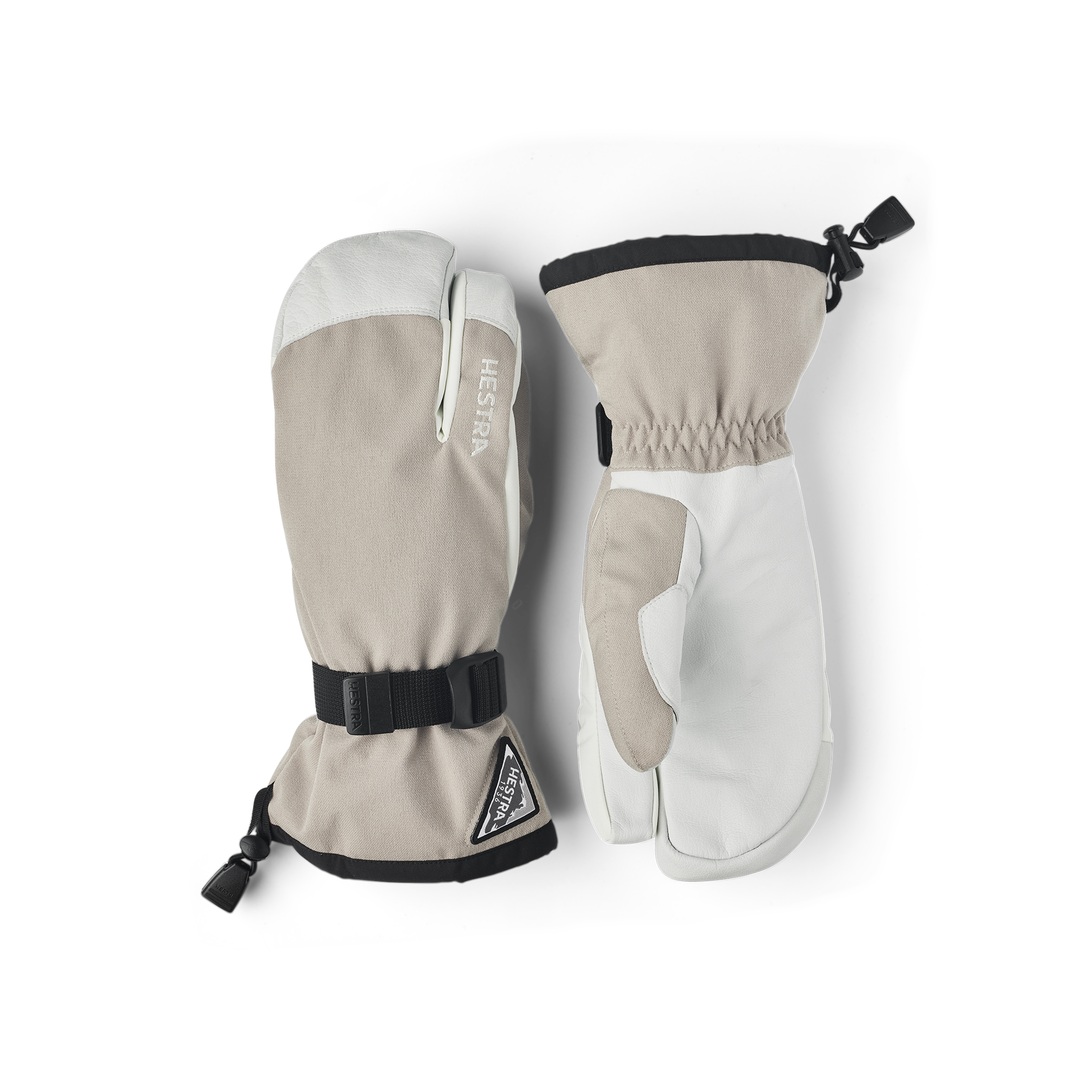 Beige three finger glove with white goat leather palm and wrist adjustment