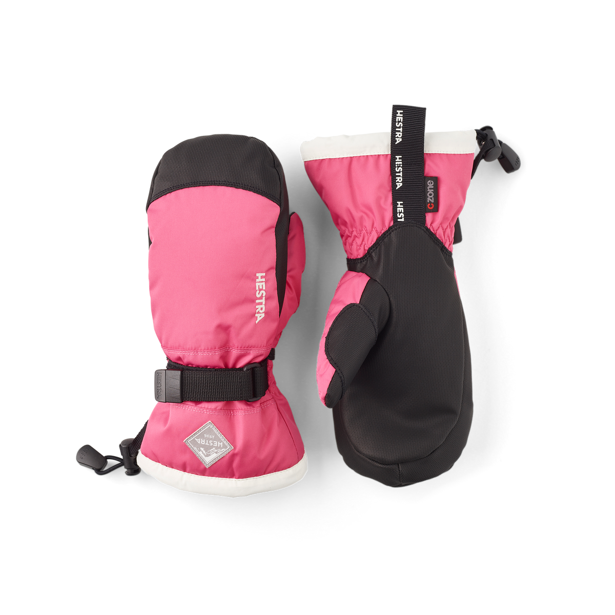 Orange and pink mitten with black synthetic palm and wrist adjustment